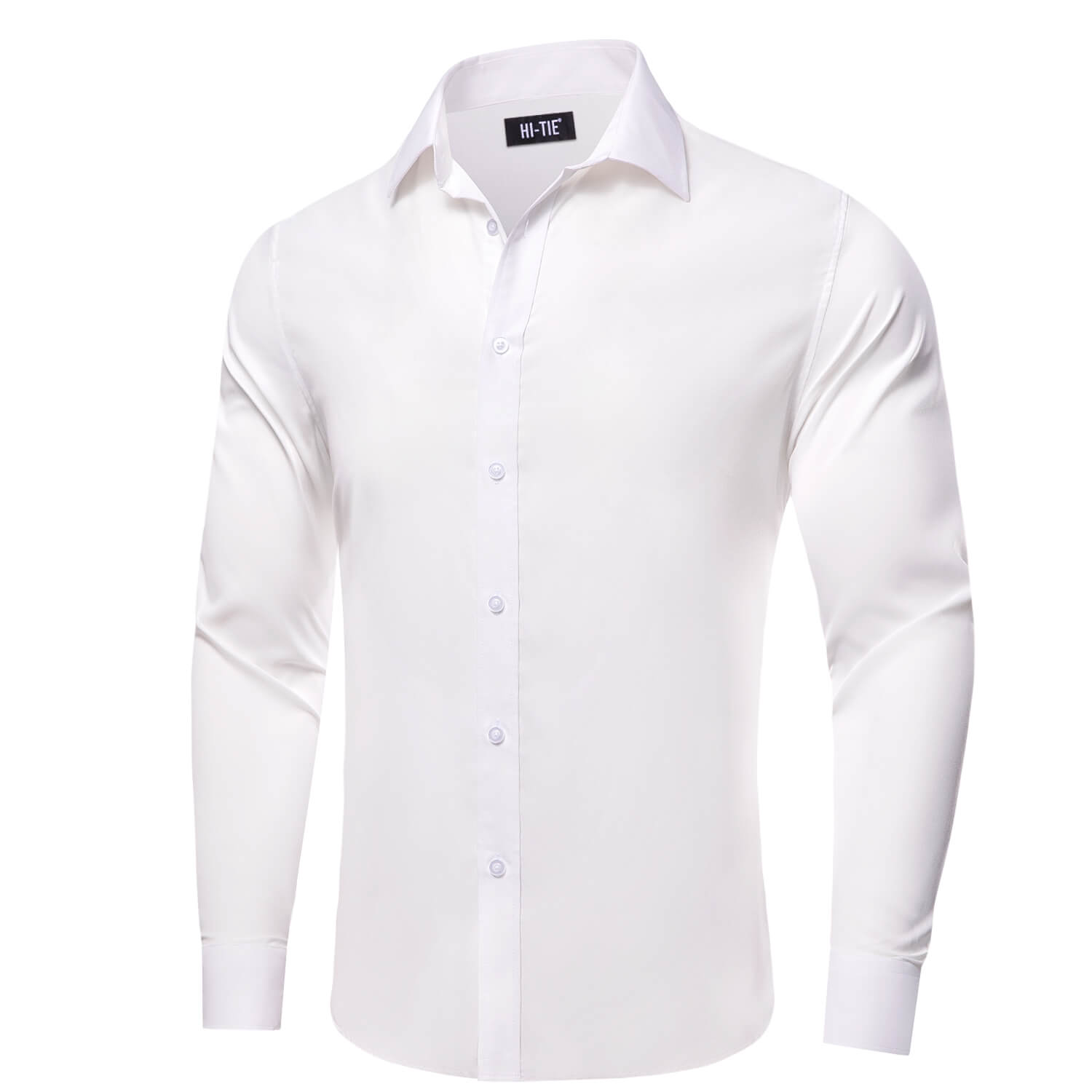  White Solid Silk Button Down Shirt