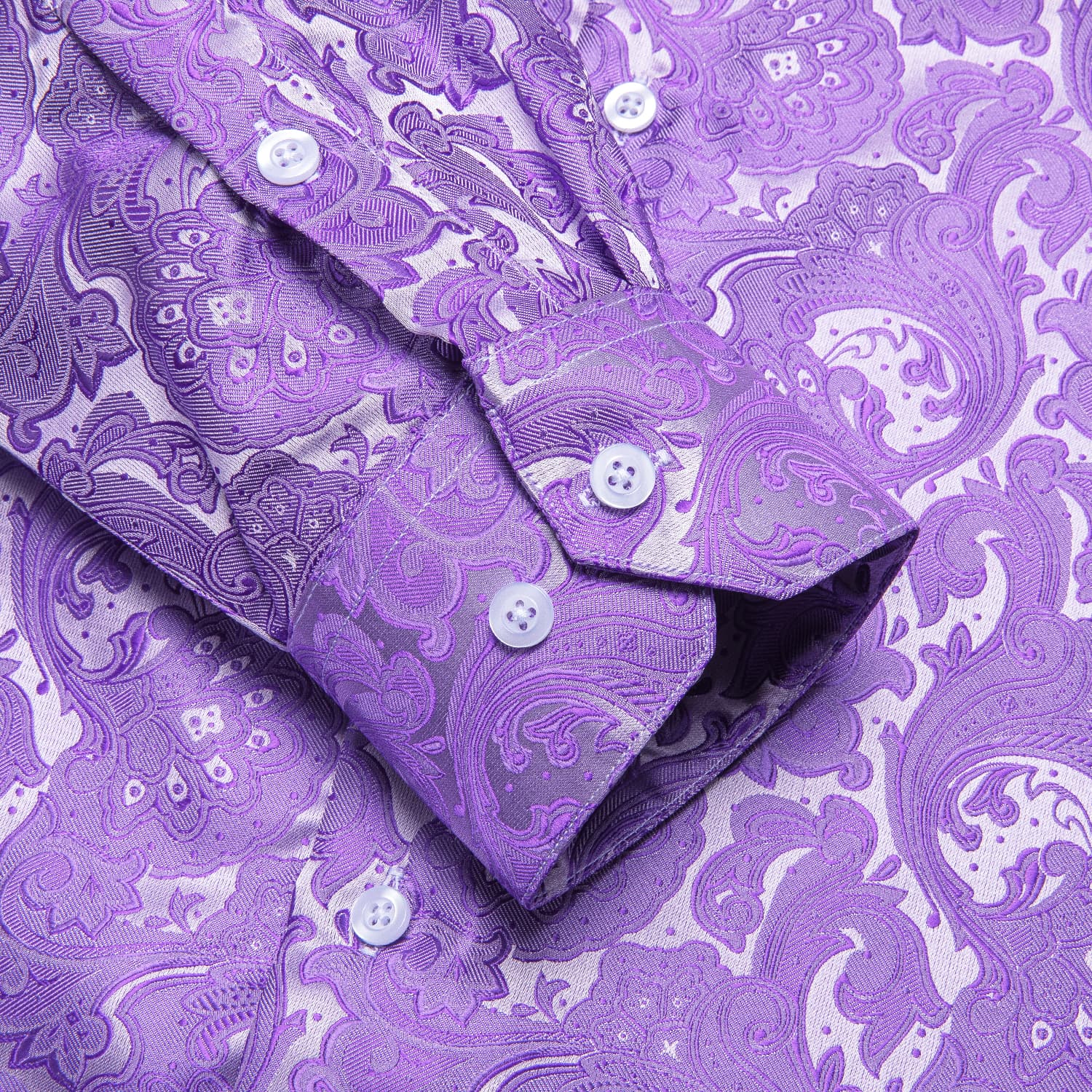 Sleeve button details for purple paisley shirt
