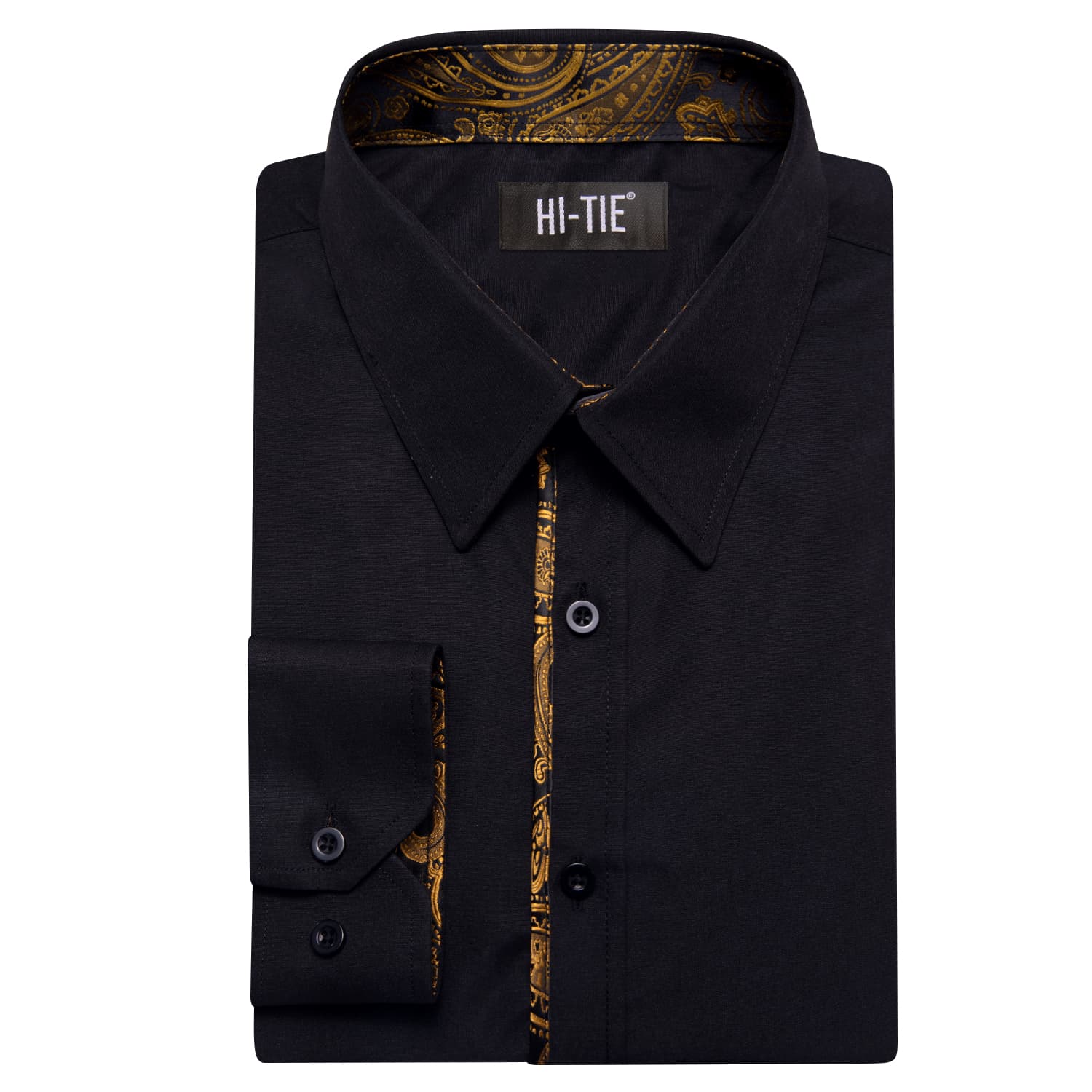 Hi-Tie Black Shirt with Golden Jacquard Collar Solid Shirt