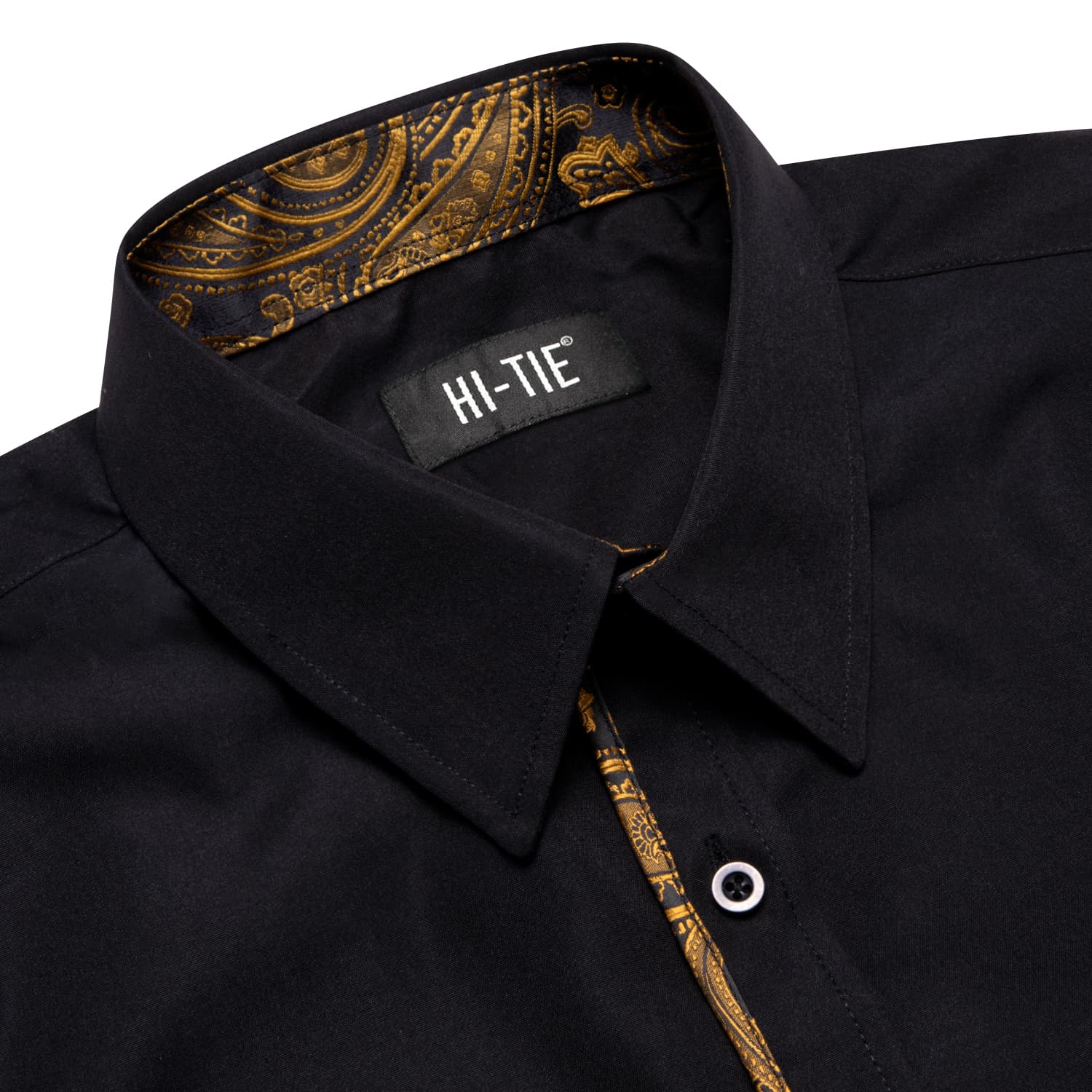 Hi-Tie Black Shirt with Golden Jacquard Collar Solid Shirt