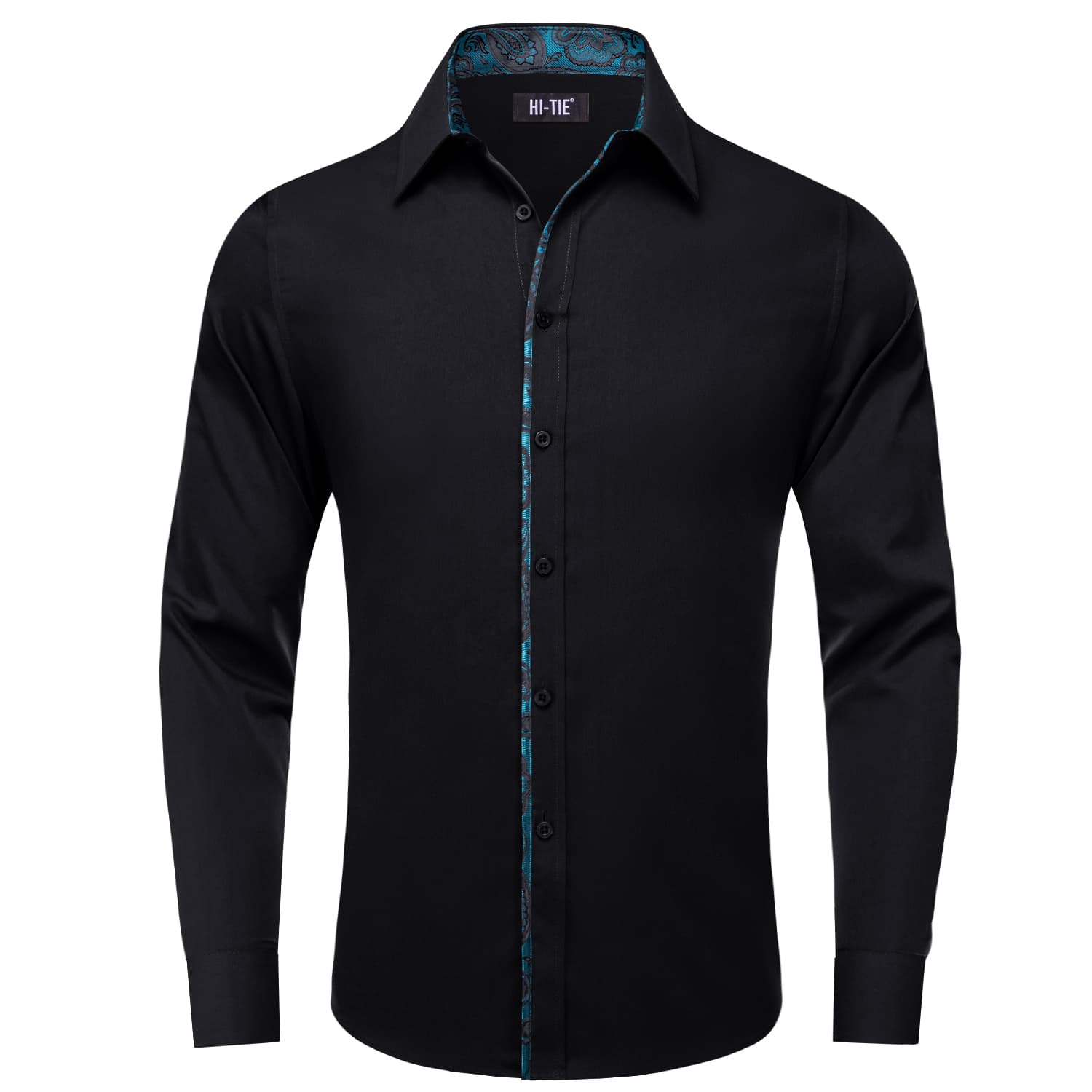 Hi-Tie Black Shirt with Teal Jacquard Collar Solid Shirt