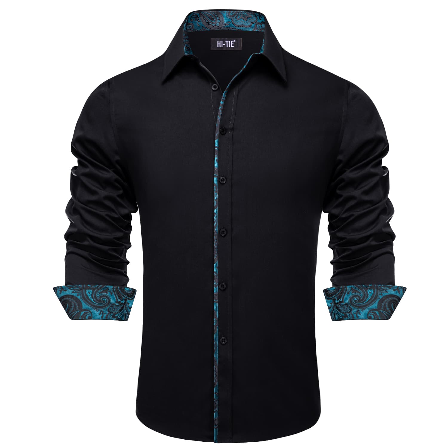 Hi-Tie Black Shirt with Teal Jacquard Collar Solid Shirt