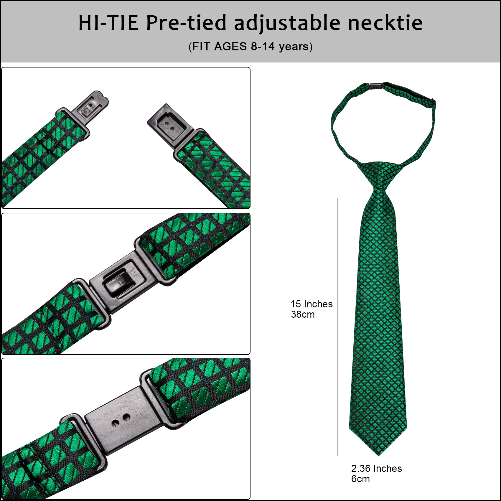 Green Plaid Boys Pre-tied Adjustable Tie Pocket Square