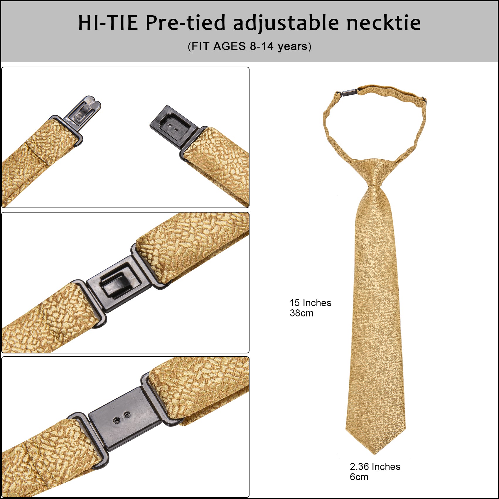 Gold Boys Pre-tied Adjustable Tie Pocket Square