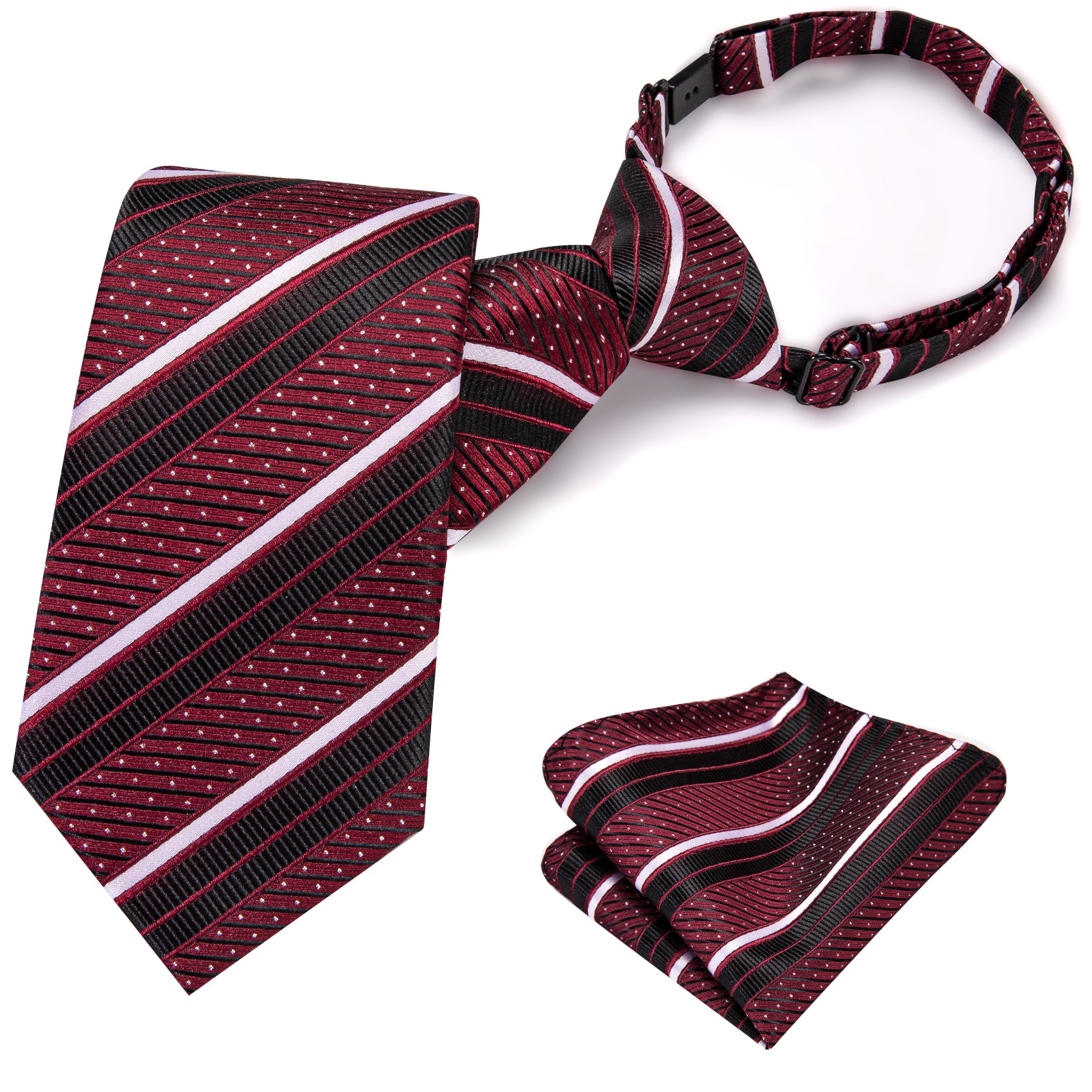 Red Black Striped Boys Pre-tied Adjustable Tie Pocket Square