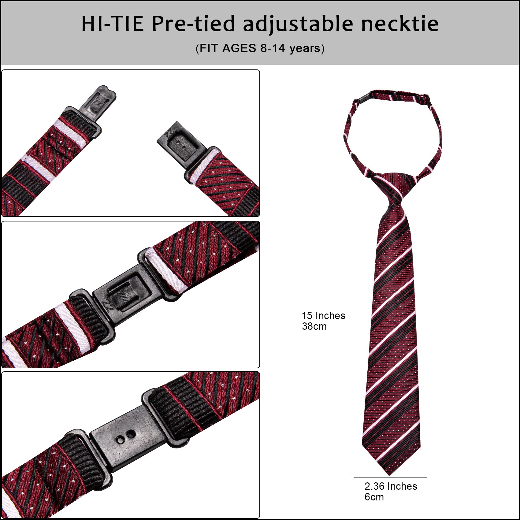 Red Black Striped Boys Pre-tied Adjustable Tie Pocket Square