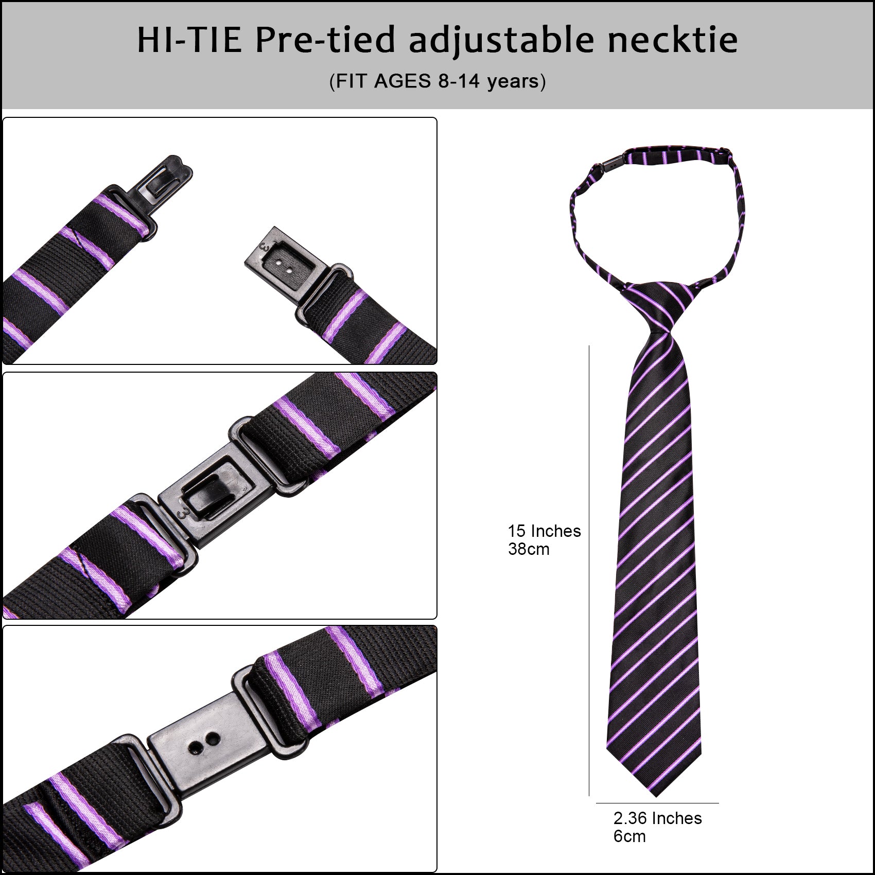 Black Purple Striped Boys Pre-tied Adjustable Tie Pocket Square