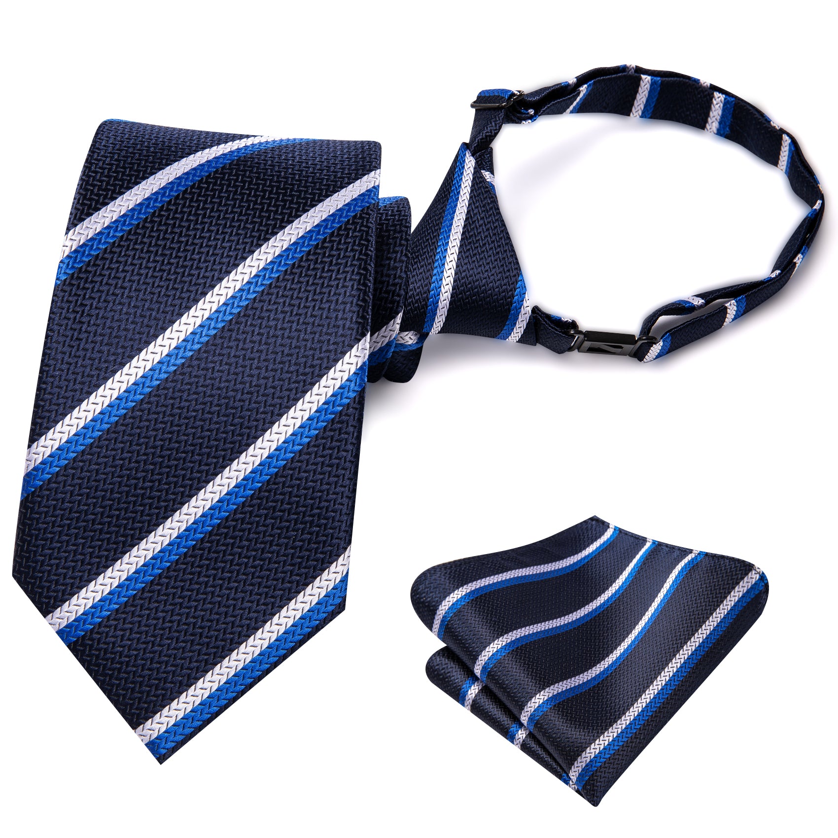 Blue Striped Boys Pre-tied Adjustable Tie Pocket Square