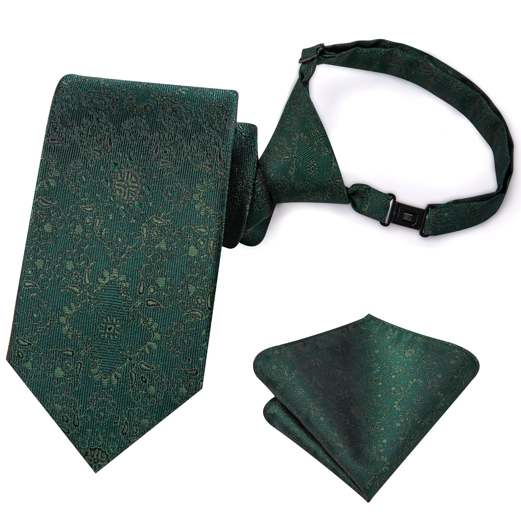 Emerald Green Floral Boys Pre-tied Adjustable Tie Pocket Square