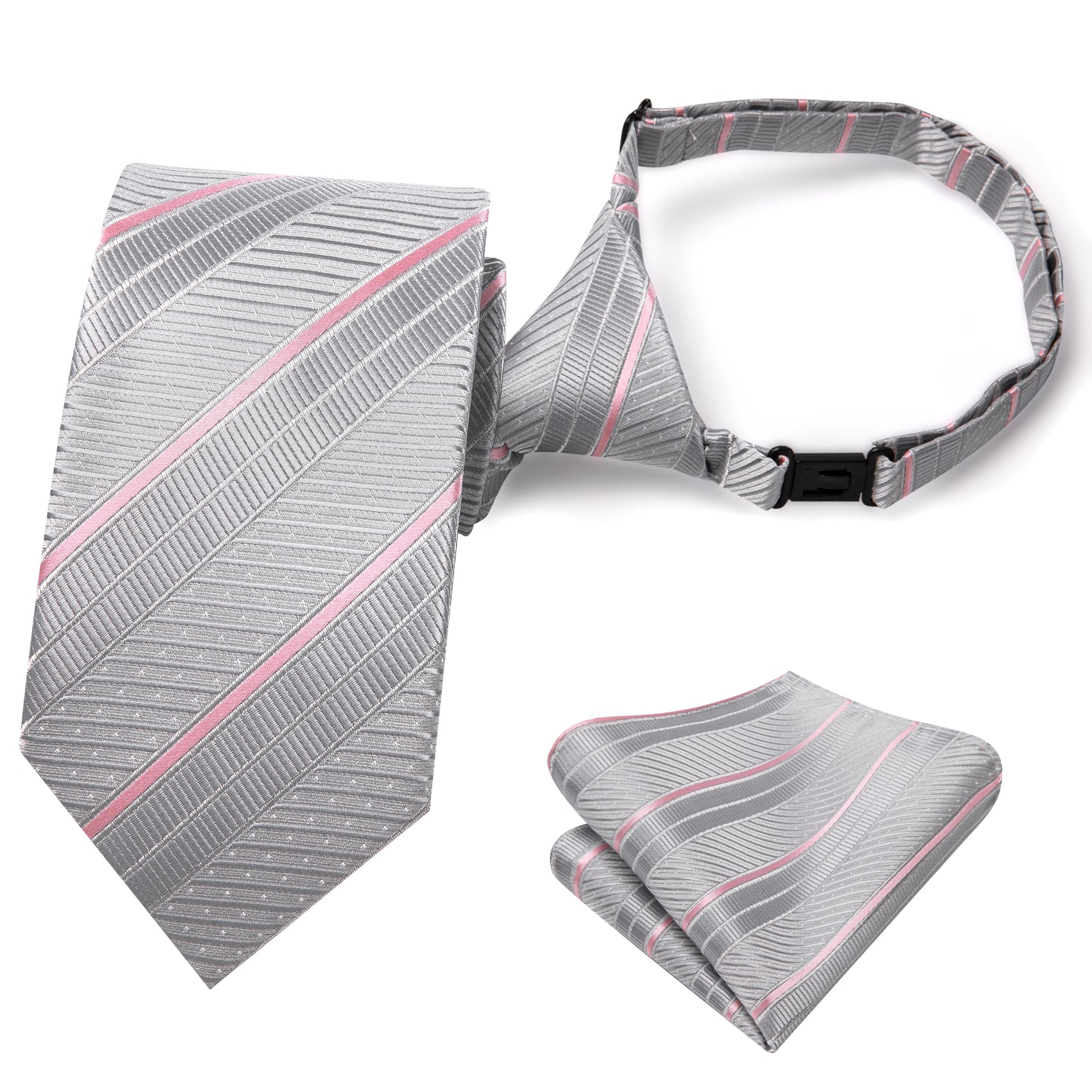 Grey Pink Striped Boys Pre-tied Adjustable Tie Pocket Square