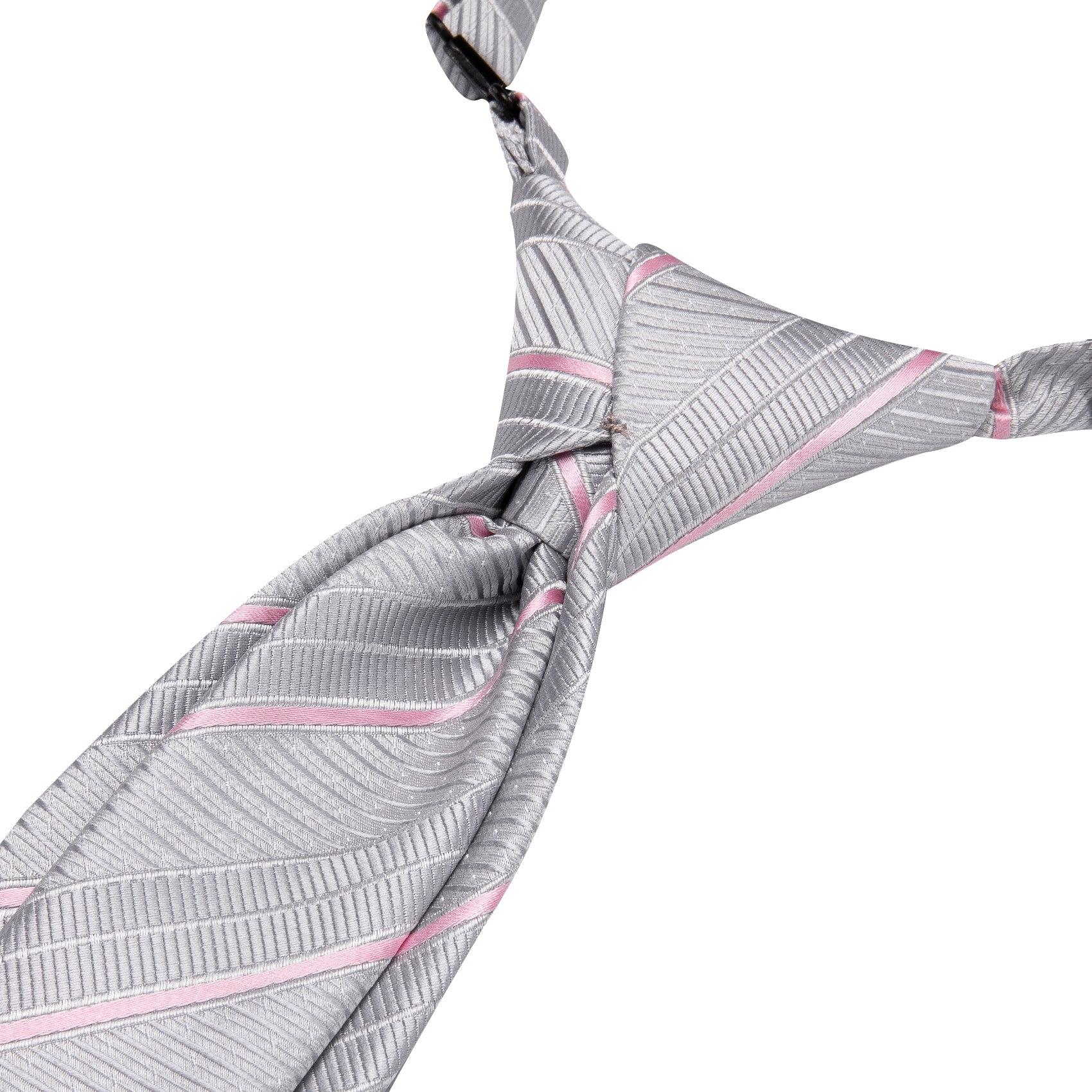 Grey Pink Striped Boys Pre-tied Adjustable Tie Pocket Square