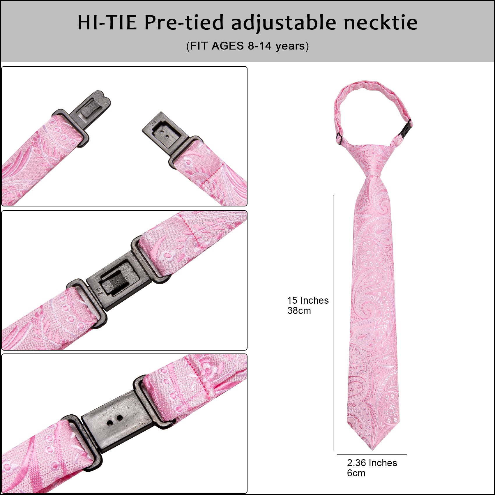 Pink Paisley Boys Pre-tied Adjustable Tie Pocket Square