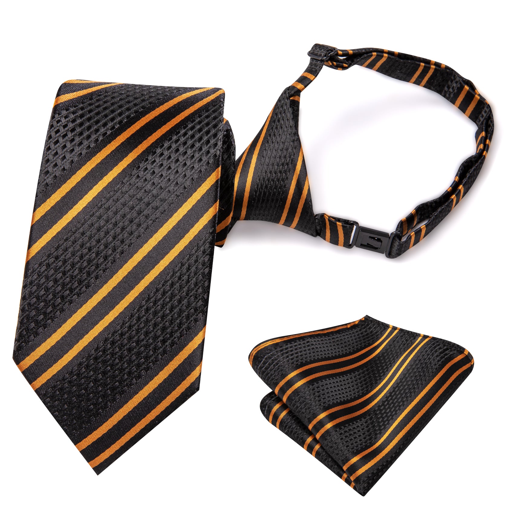 Black Golden Striped Boys Pre-tied Adjustable Tie Pocket Square