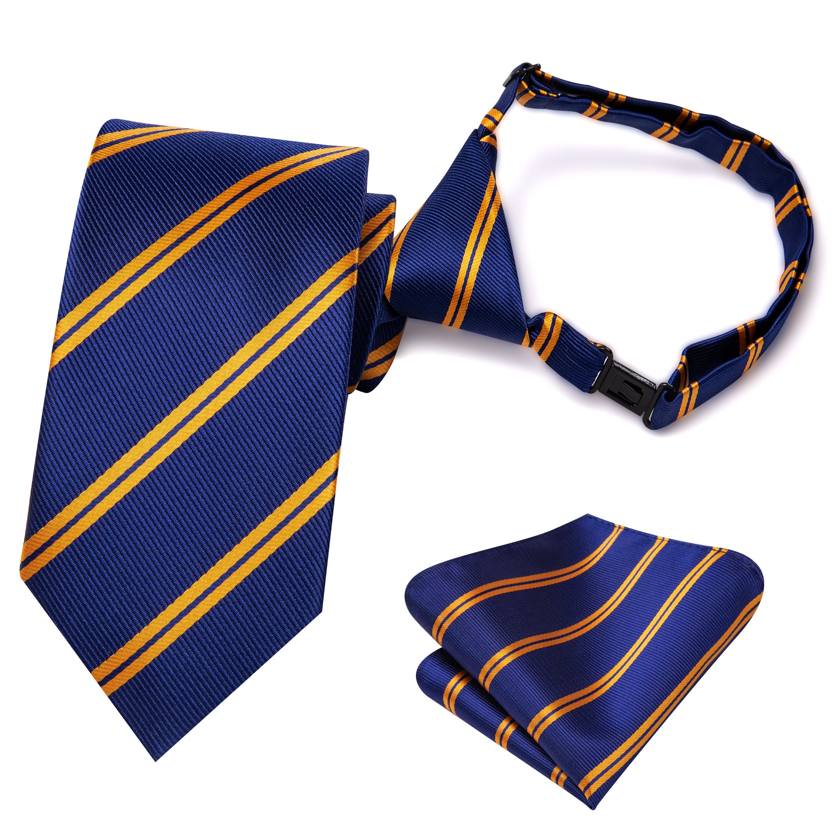 Blue Yellow Striped Pre-tied Adjustable Tie Pocket Square