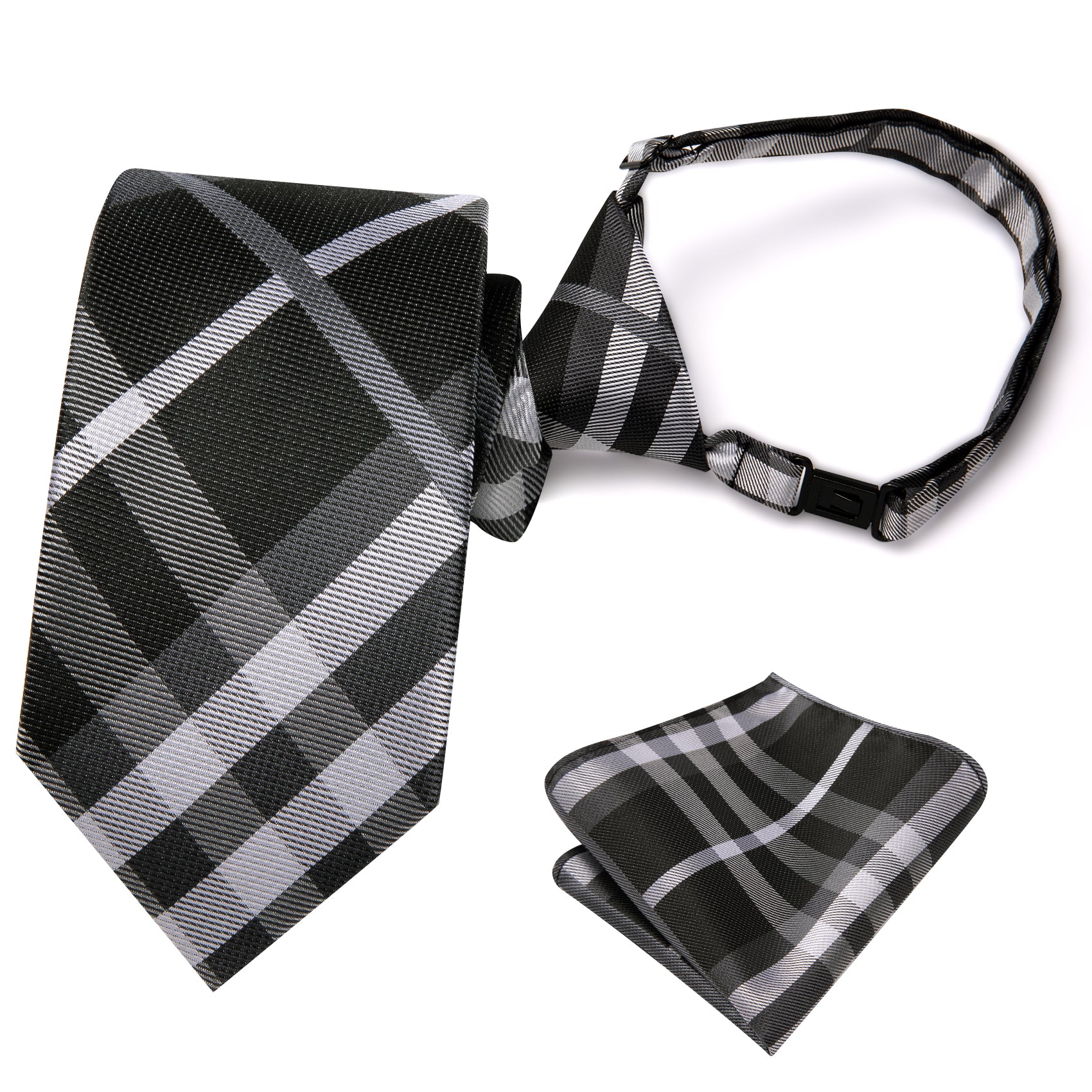 Black White Plaid Pre-tied Adjustable Tie Pocket Square