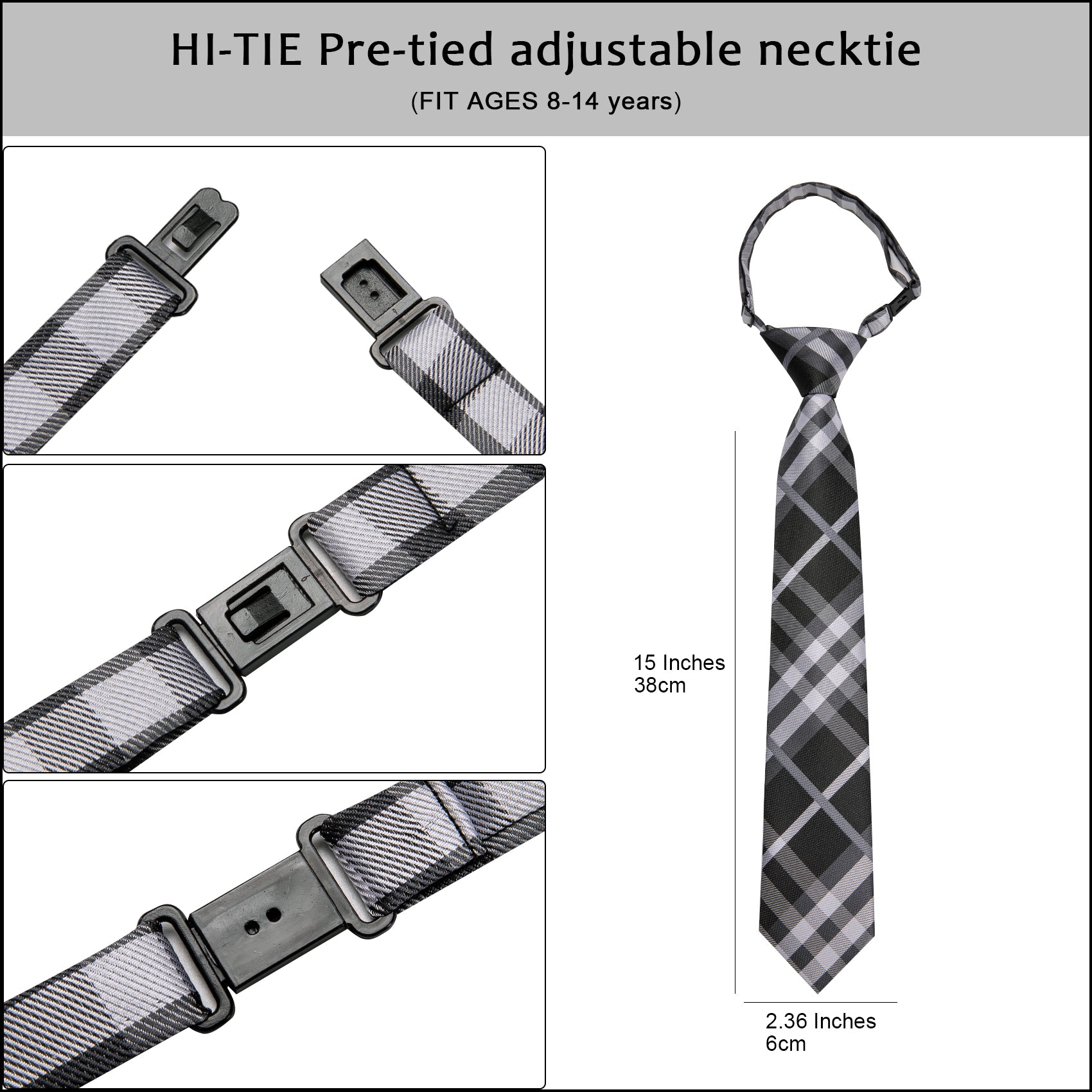 Black White Plaid Pre-tied Adjustable Tie Pocket Square