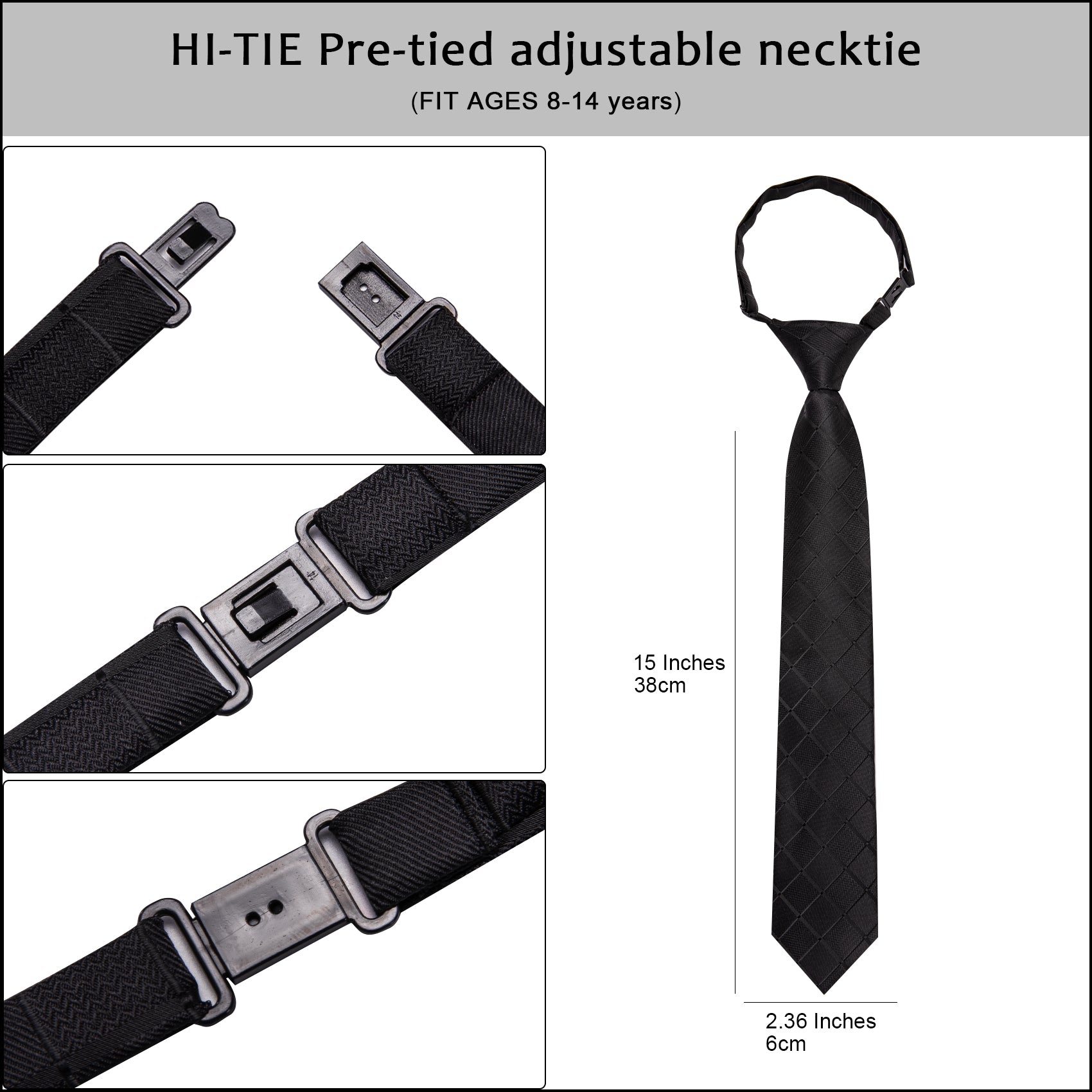 Black Plaid Pre-tied Adjustable Tie Pocket Square