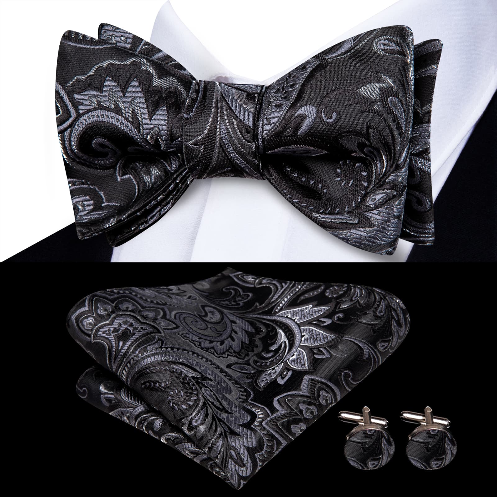 black floral bow tie Black suit 