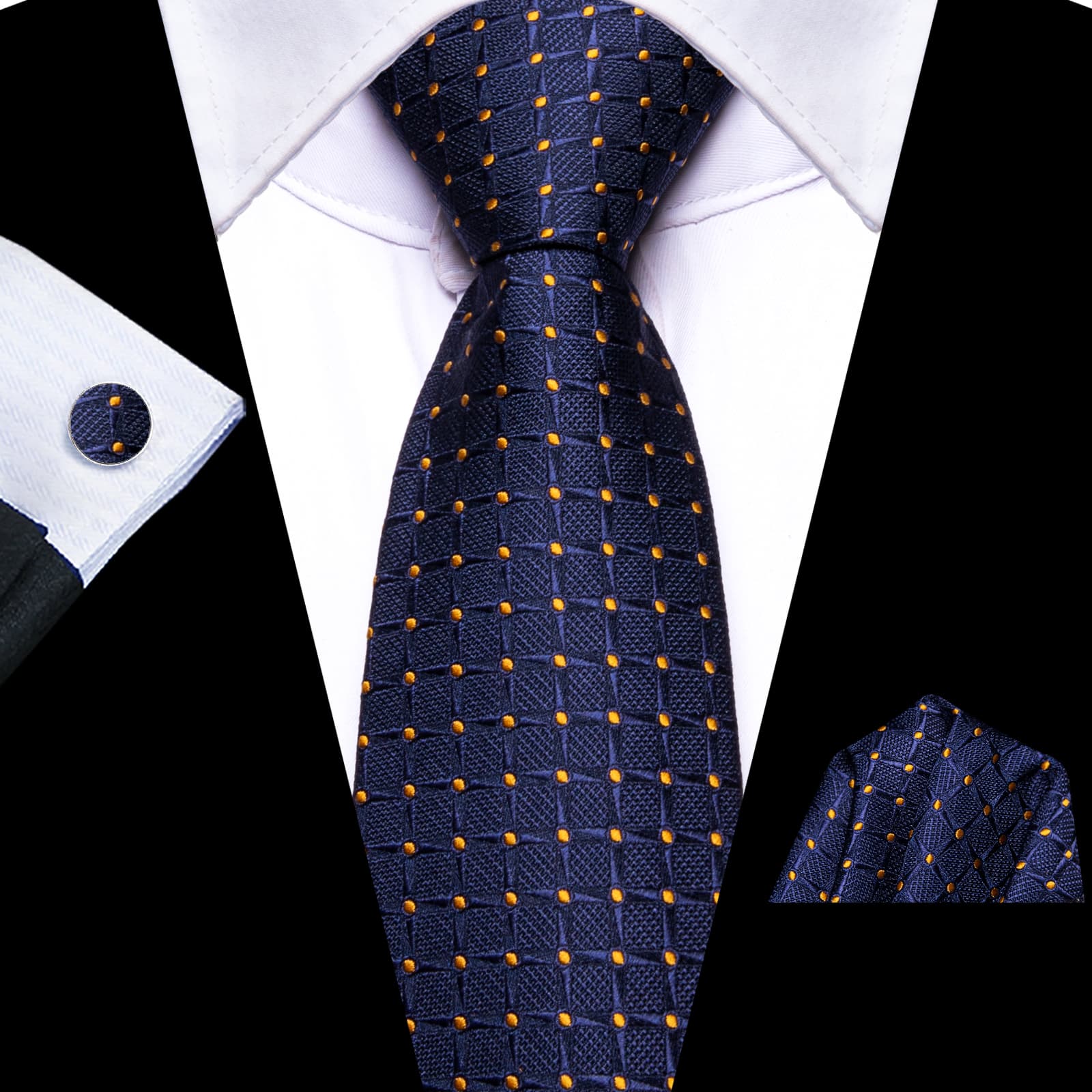 Zipper Ties Oxford Blue Plaid Gold Dots Tie Hanky Cufflinks Set