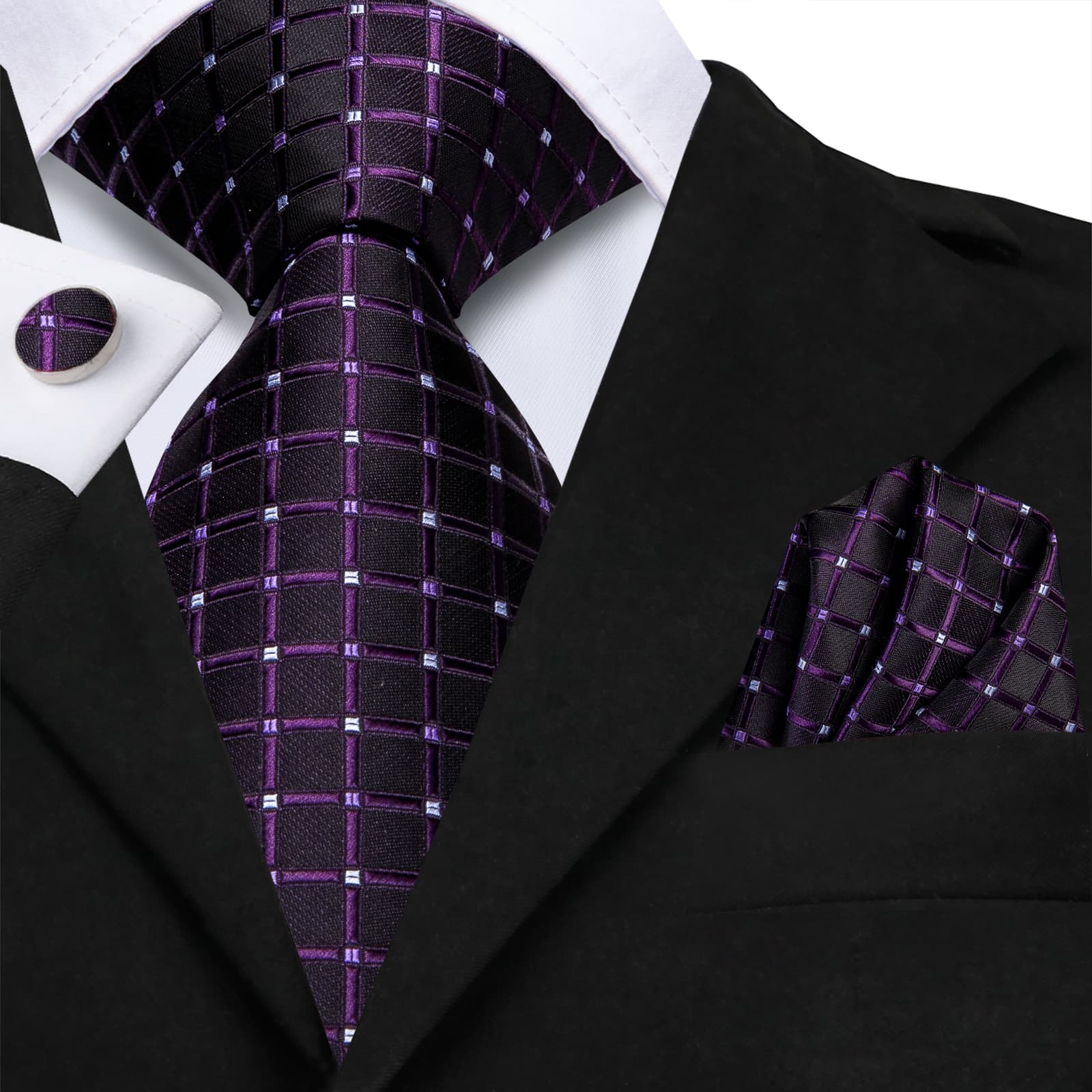  Black Men's Tie Indigo Purple Jacquard Checkered Necktie Set