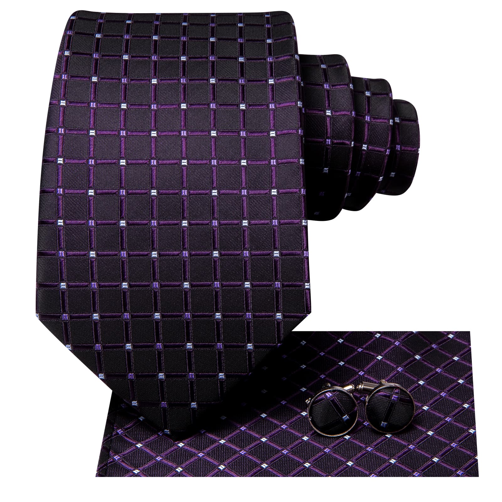  Black Men's Tie Indigo Purple Jacquard Checkered Necktie Set