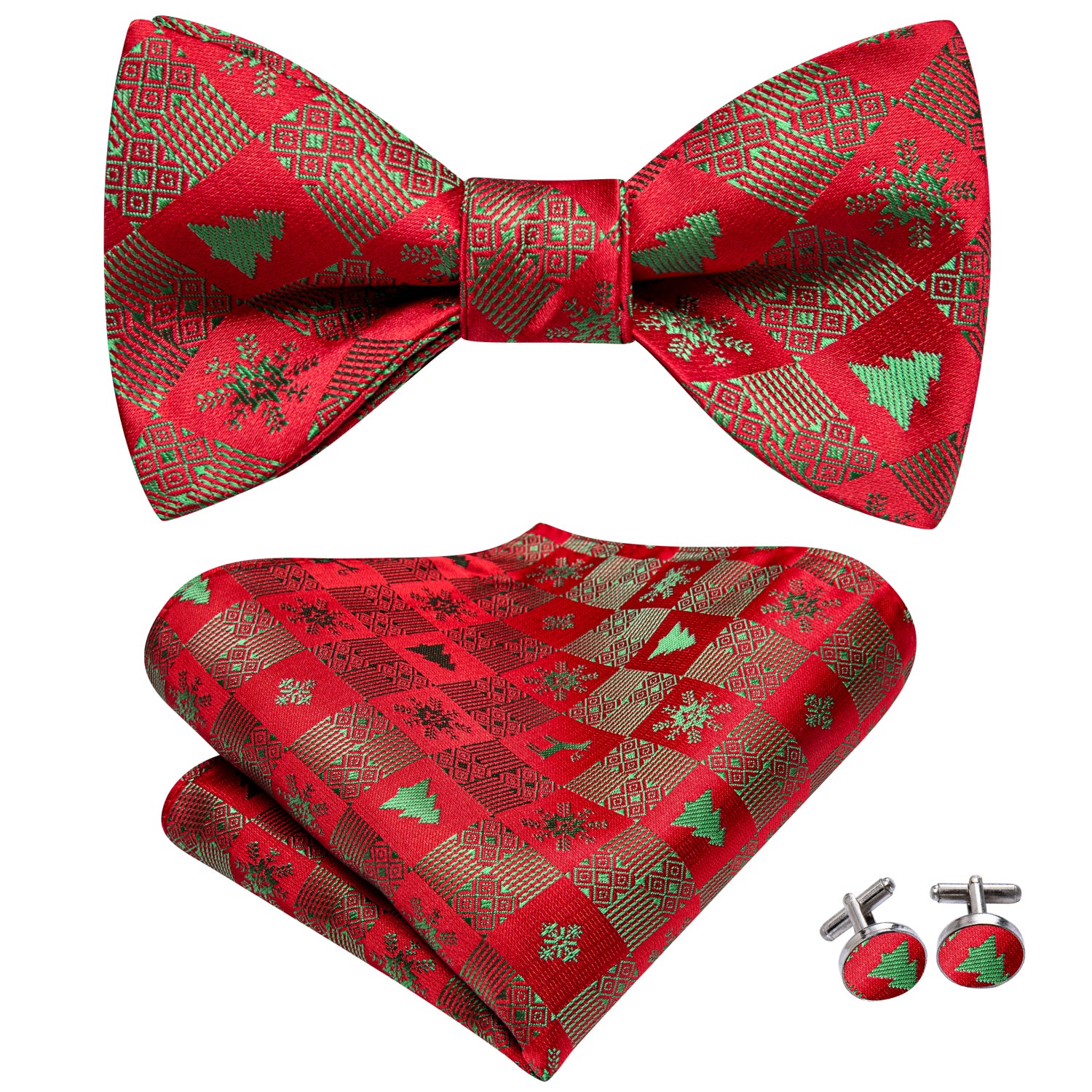 Red Green Christmas Tree Self-tied Bow Tie Hanky Cufflinks Set