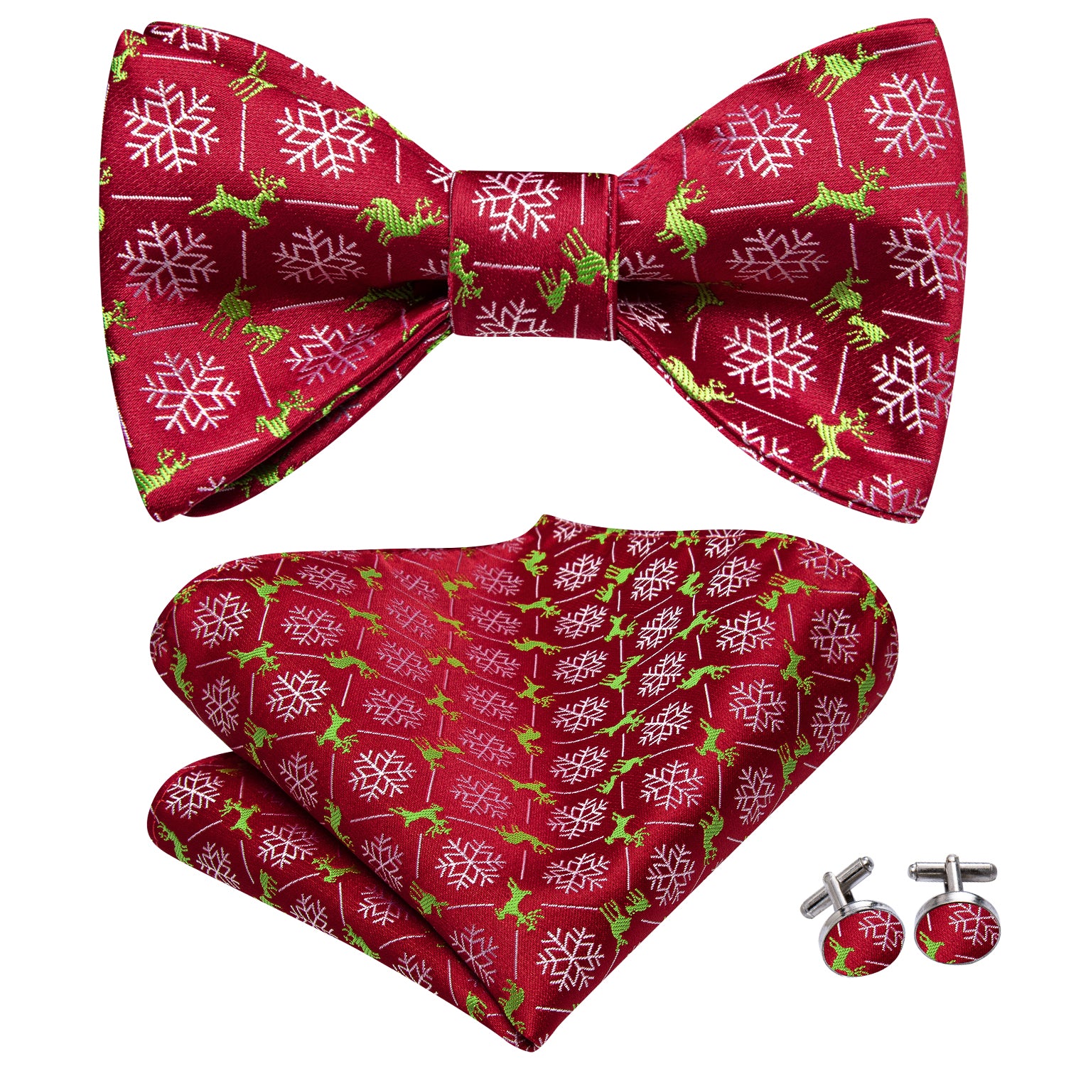 Red Green Christmas Snowflake Self-tied Bow Tie Hanky Cufflinks Set