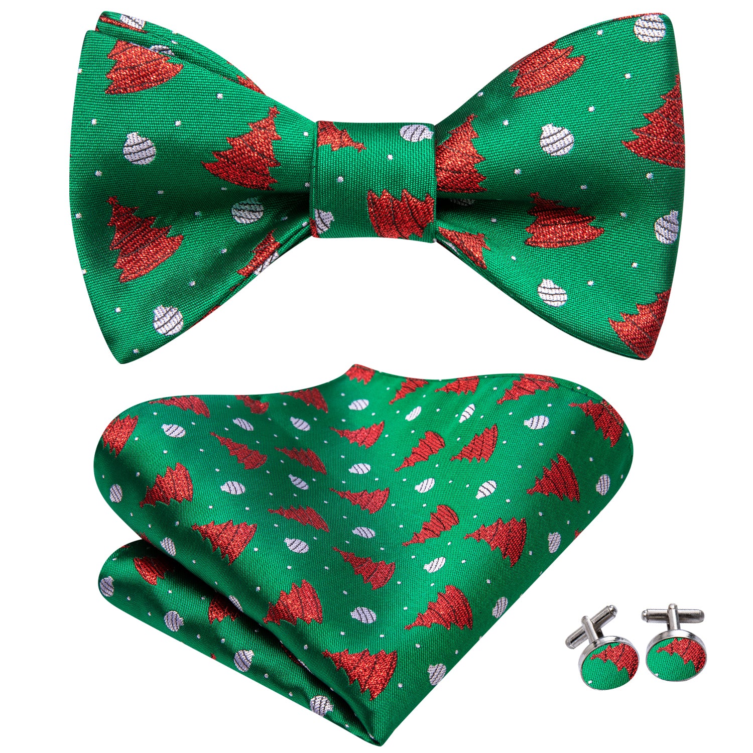 Green Red Christmas Tree Self-tied Bow Tie Hanky Cufflinks Set