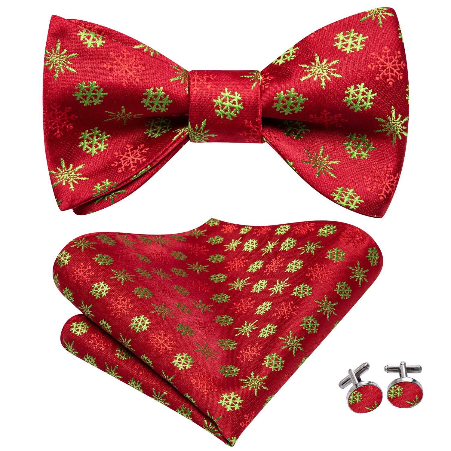 Red Green Christmas Snowflakes Self-tied Bow Tie Hanky Cufflinks Set