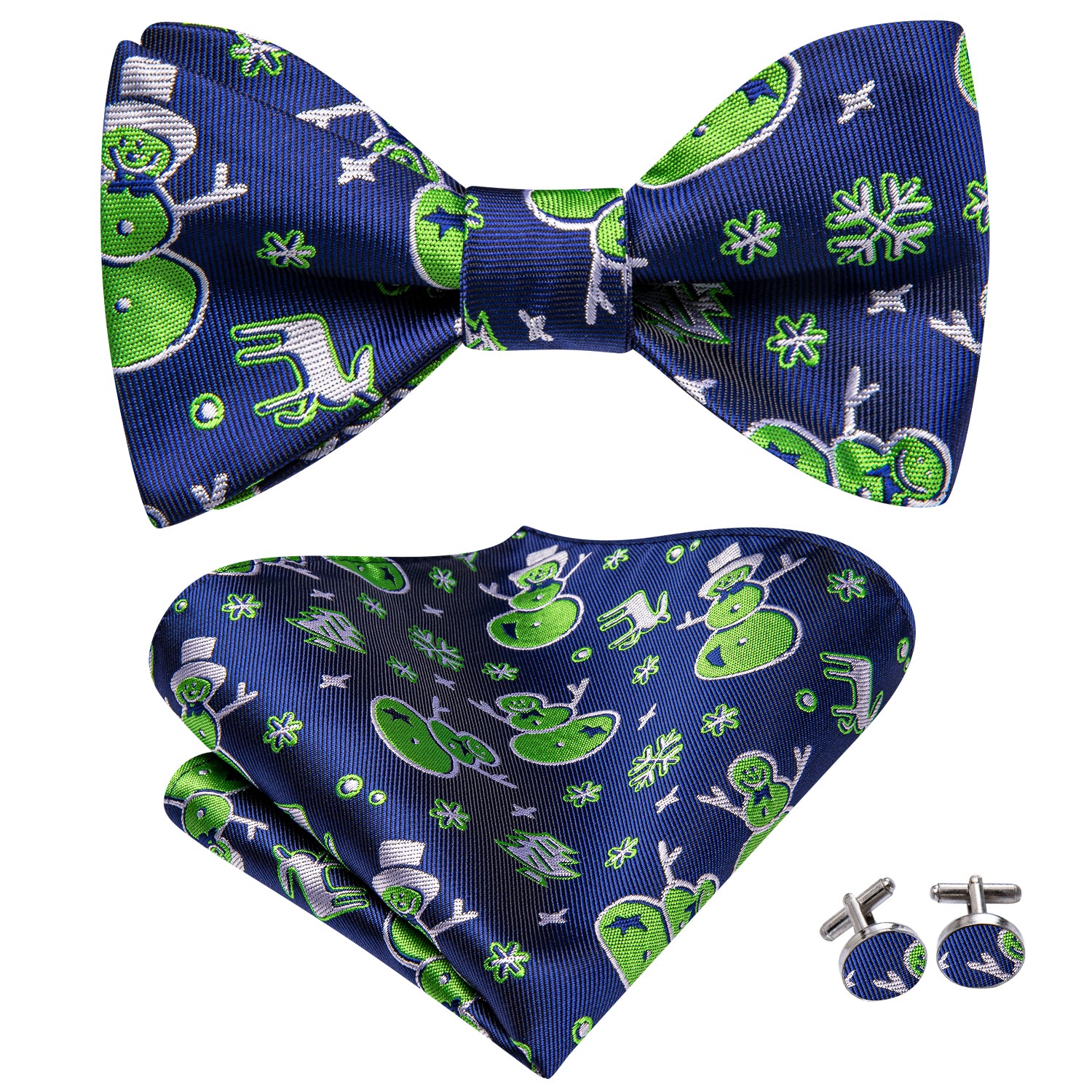 Blue Green Christmas Snowmen Self-tied Bow Tie Hanky Cufflinks Set