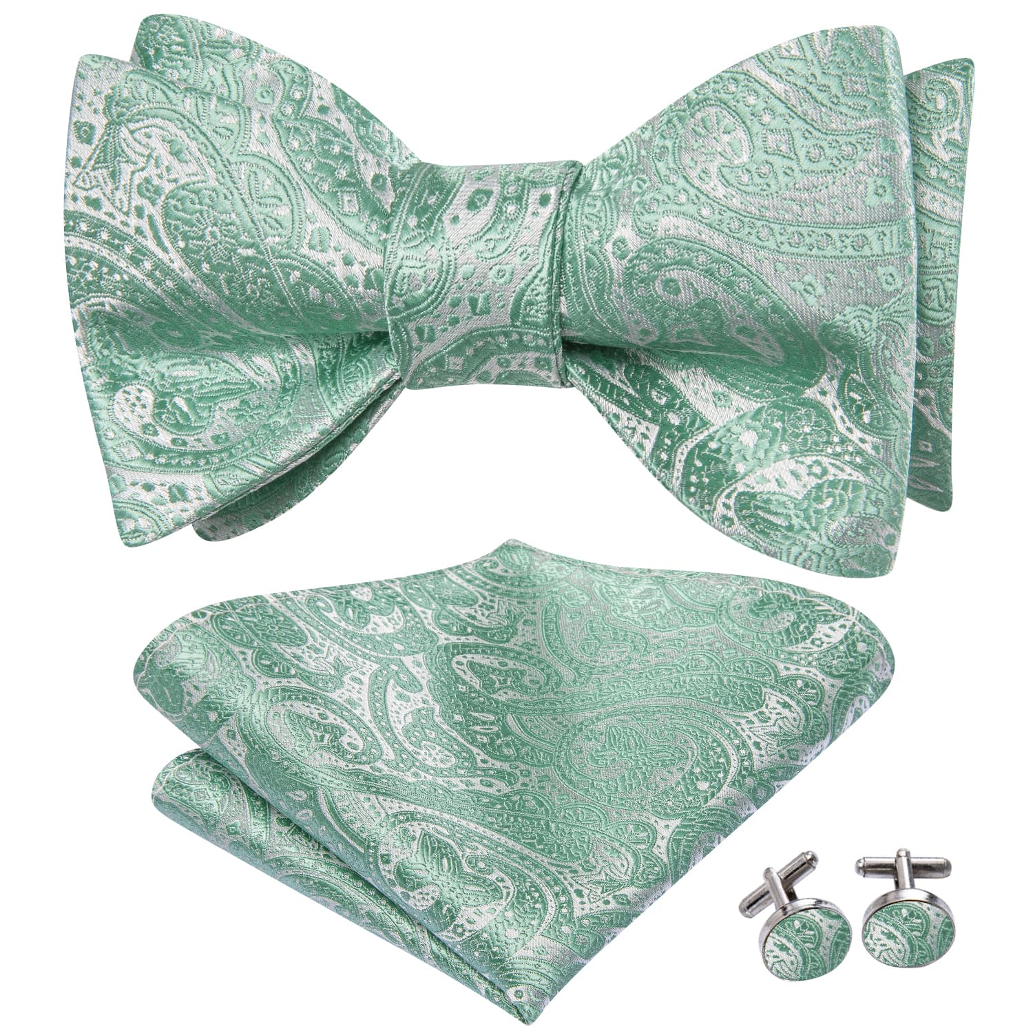 Bow Tie Aqua Green Jacquard Paisley Men Tie Hanky Cufflinks Set