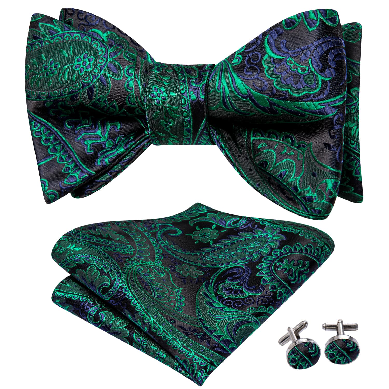 Green Bow Tie Black Paisley Jacquard Bowtie Hanky Cufflinks Set