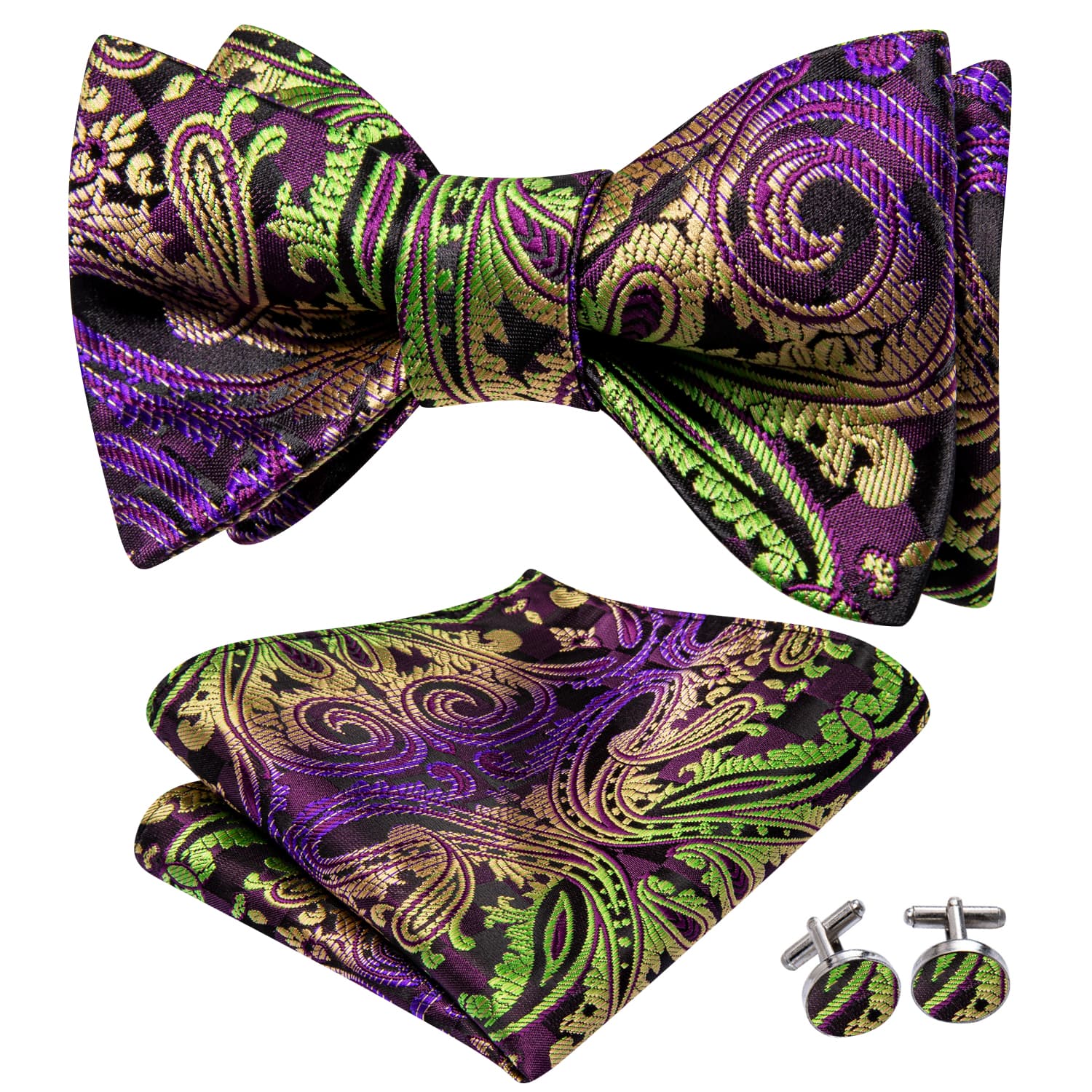 Purple Necktie silk green Yellow self tied bow tie 