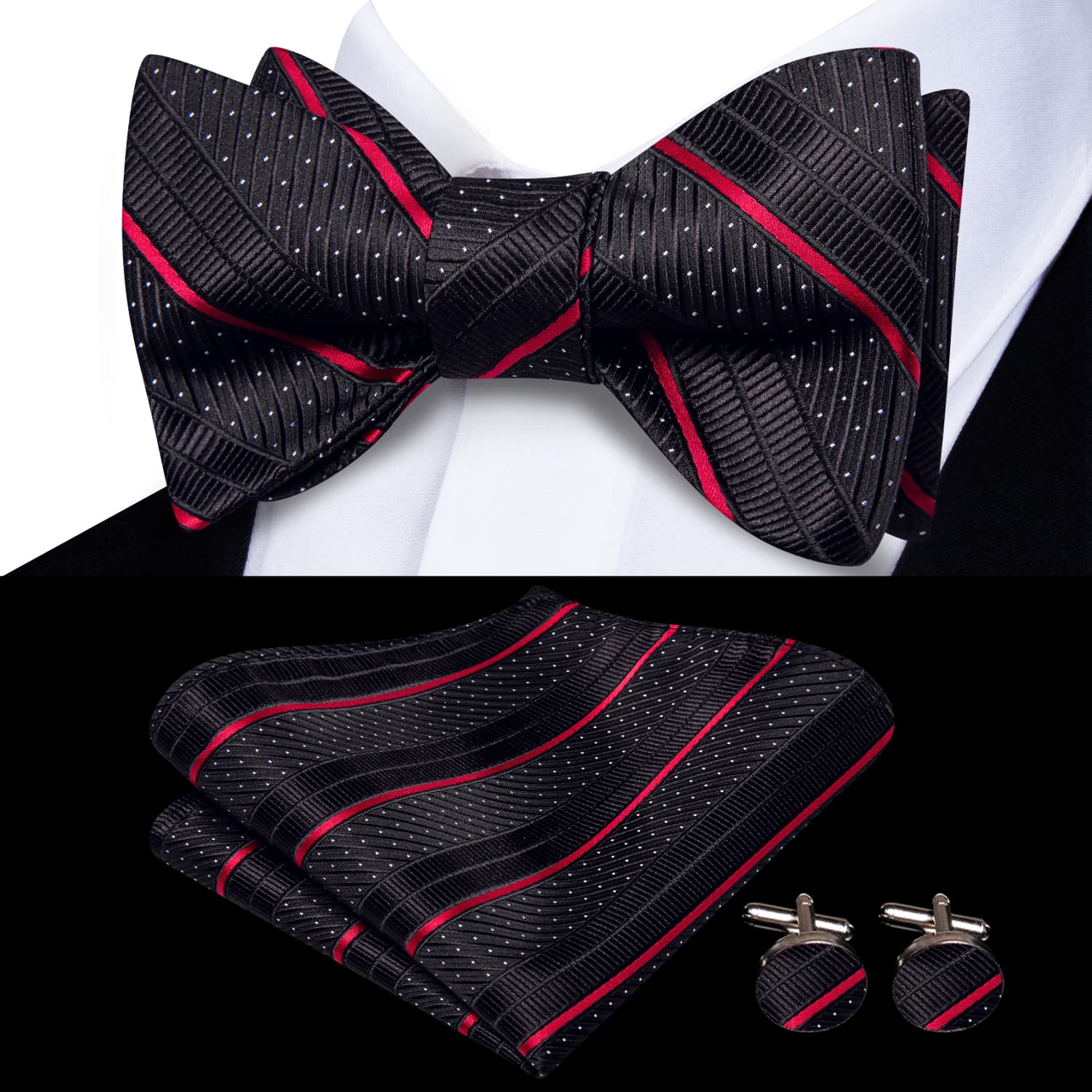 bow tie black and  black suit white shirt 
