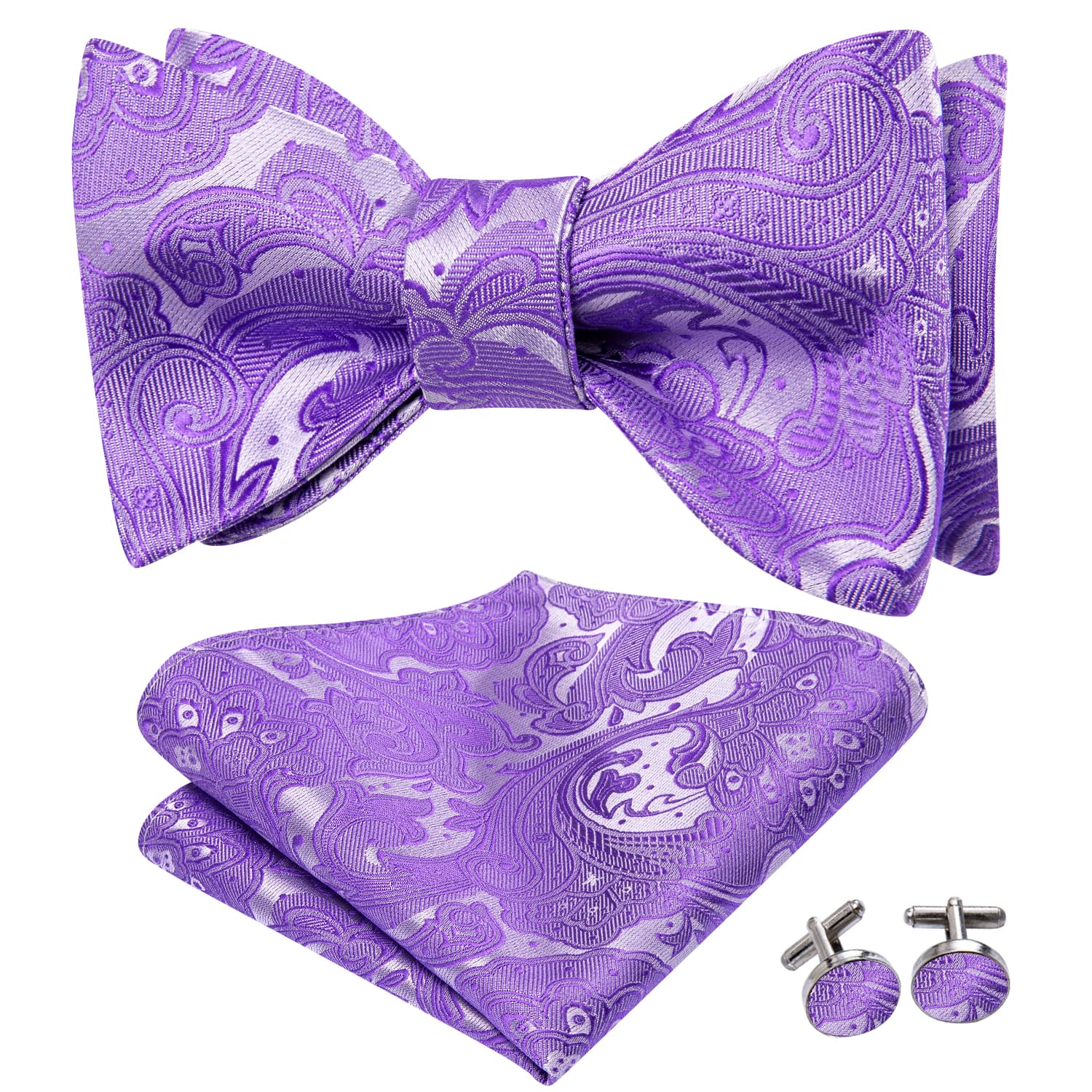 mens solid purple bow tie and pocket square cufflinks in same pattern 