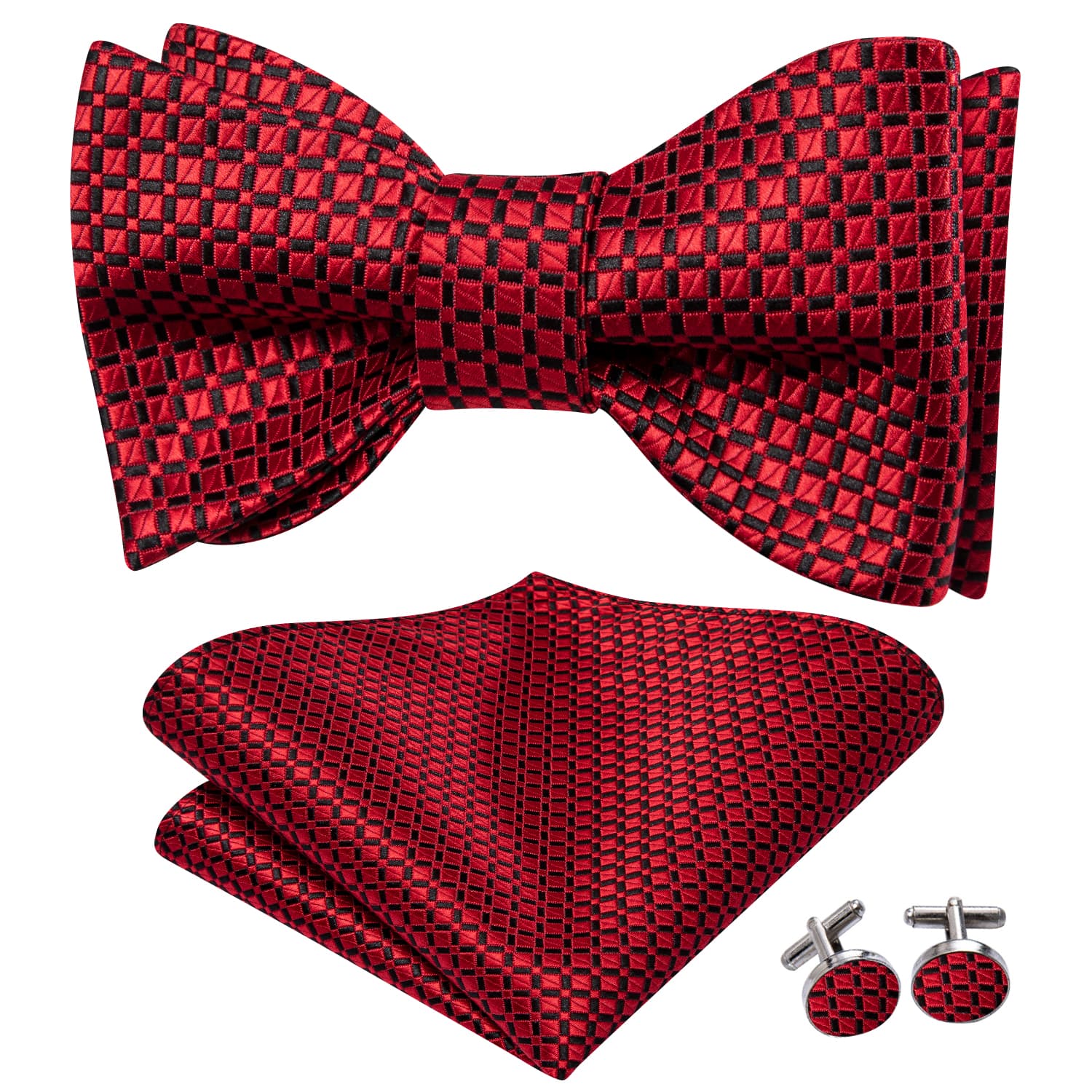 red bowtie and pocket square cufflinks in same pattern 