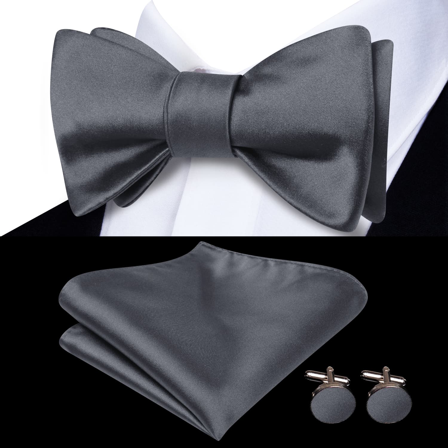 Black suit white shirt dark grey solid bowtie 