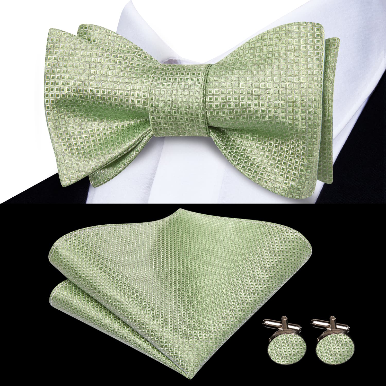 green self tie bow tie and black suit white shirt 