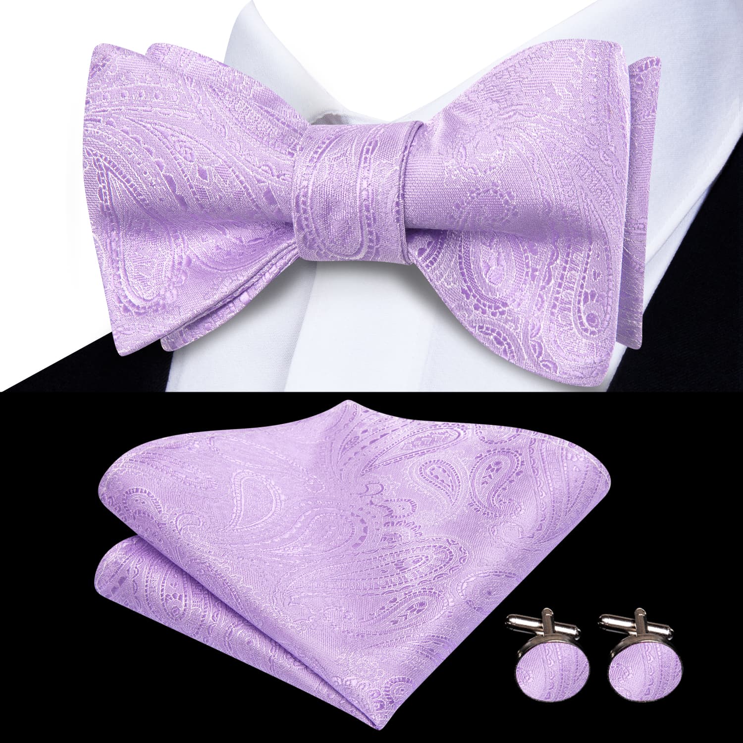 light purple bow ties with white shirt and black suit blazer