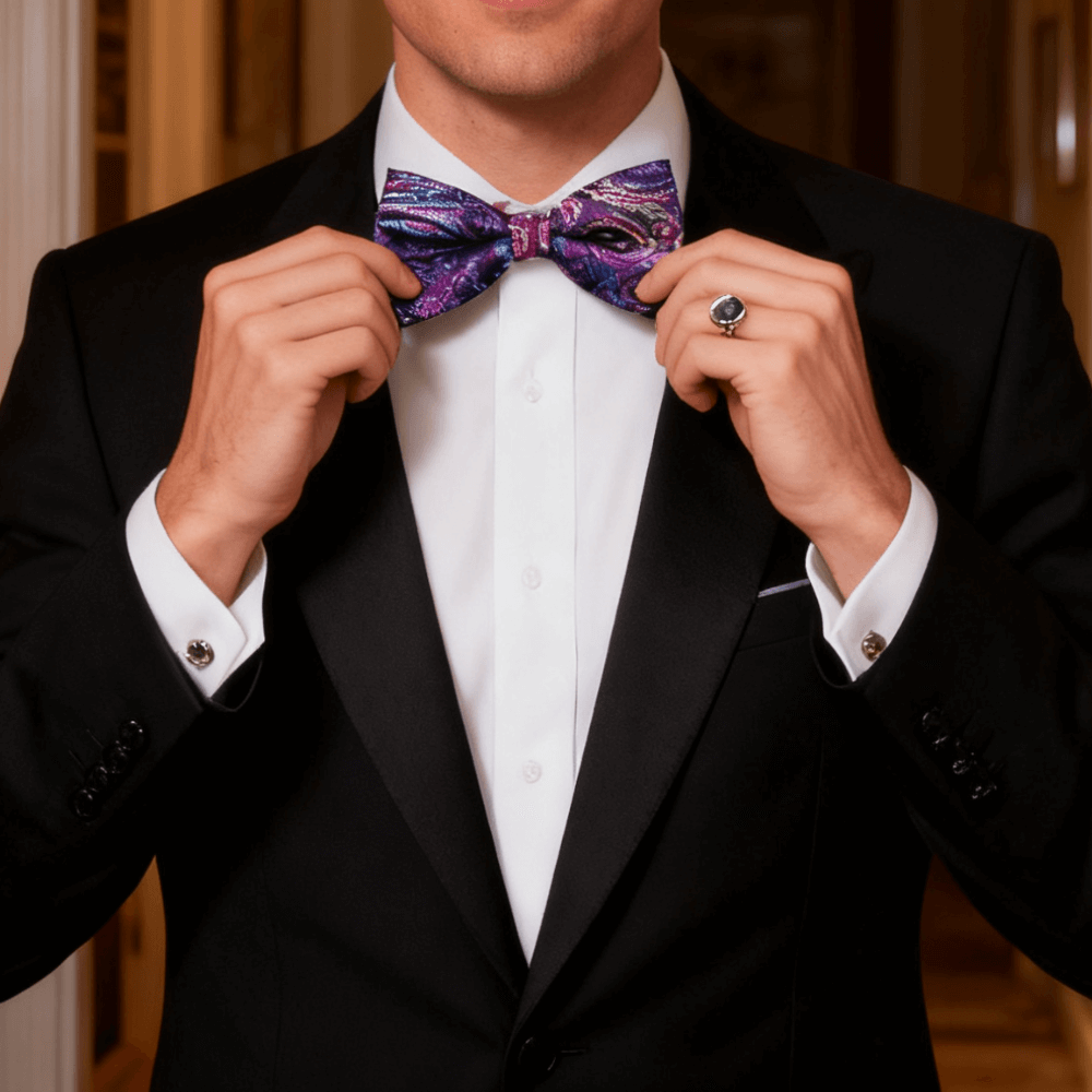 Hi-Tie Purple Bow Tie Paisley Silk Pre-tied Necktie Hanky Cufflinks Set