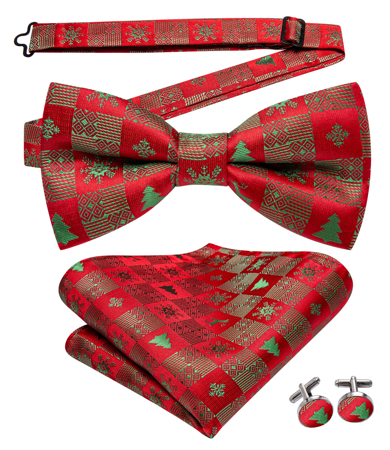 Christmas Red Green Novelty Pre-tied Bow Tie Hanky Cufflinks Set