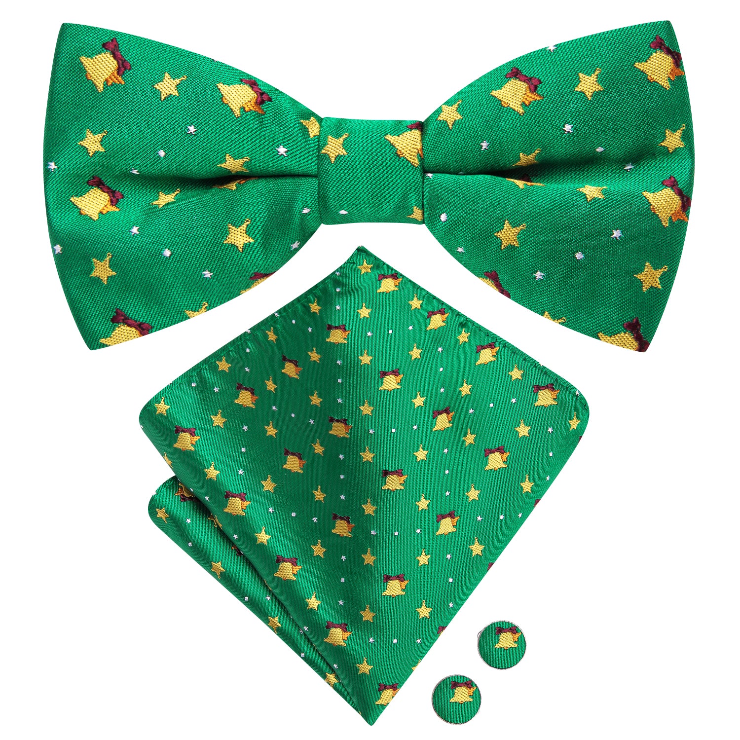 Christmas Green Little Bell Pre-tied Bow Tie Hanky Cufflinks Set