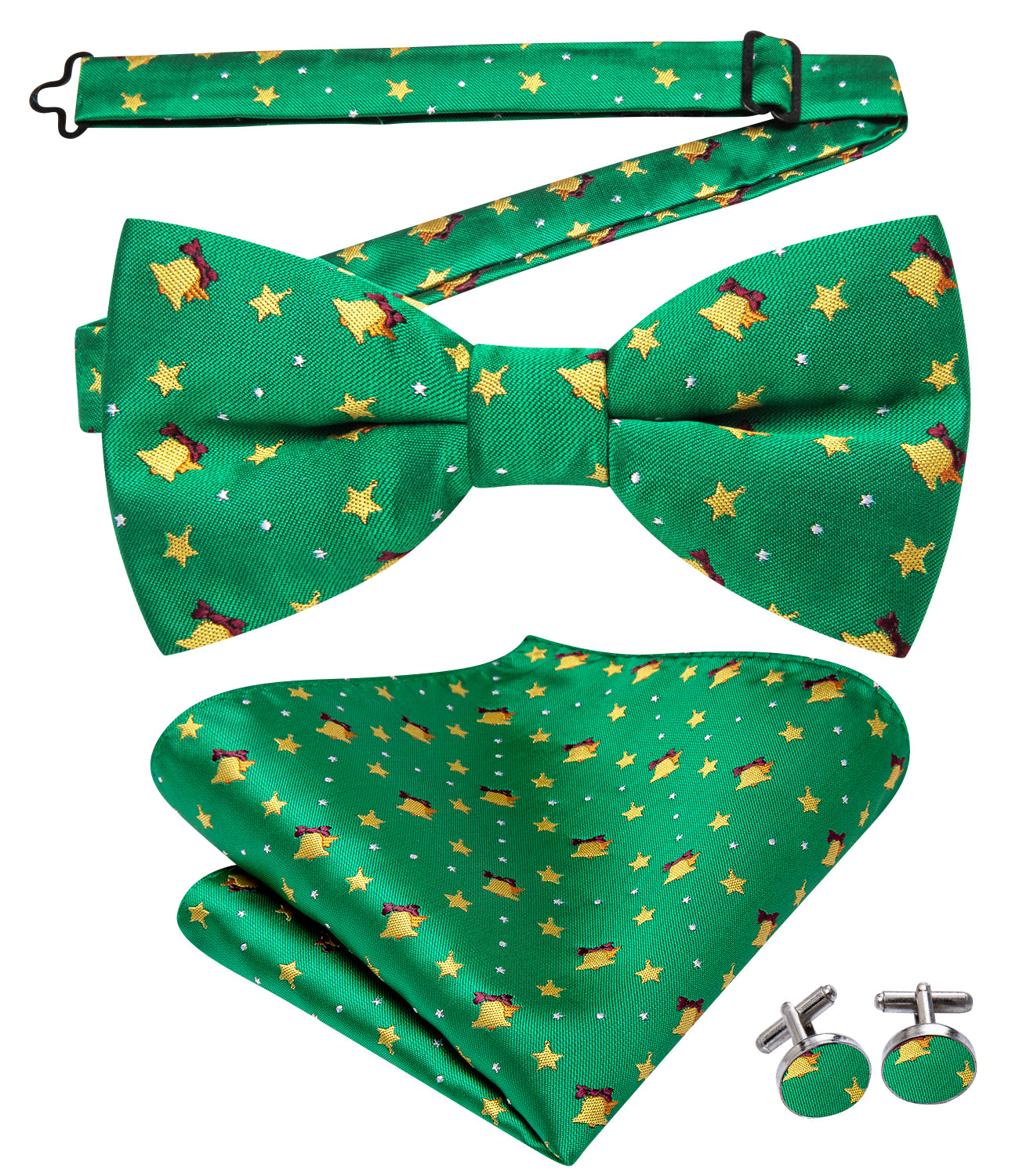 Christmas Green Little Bell Pre-tied Bow Tie Hanky Cufflinks Set