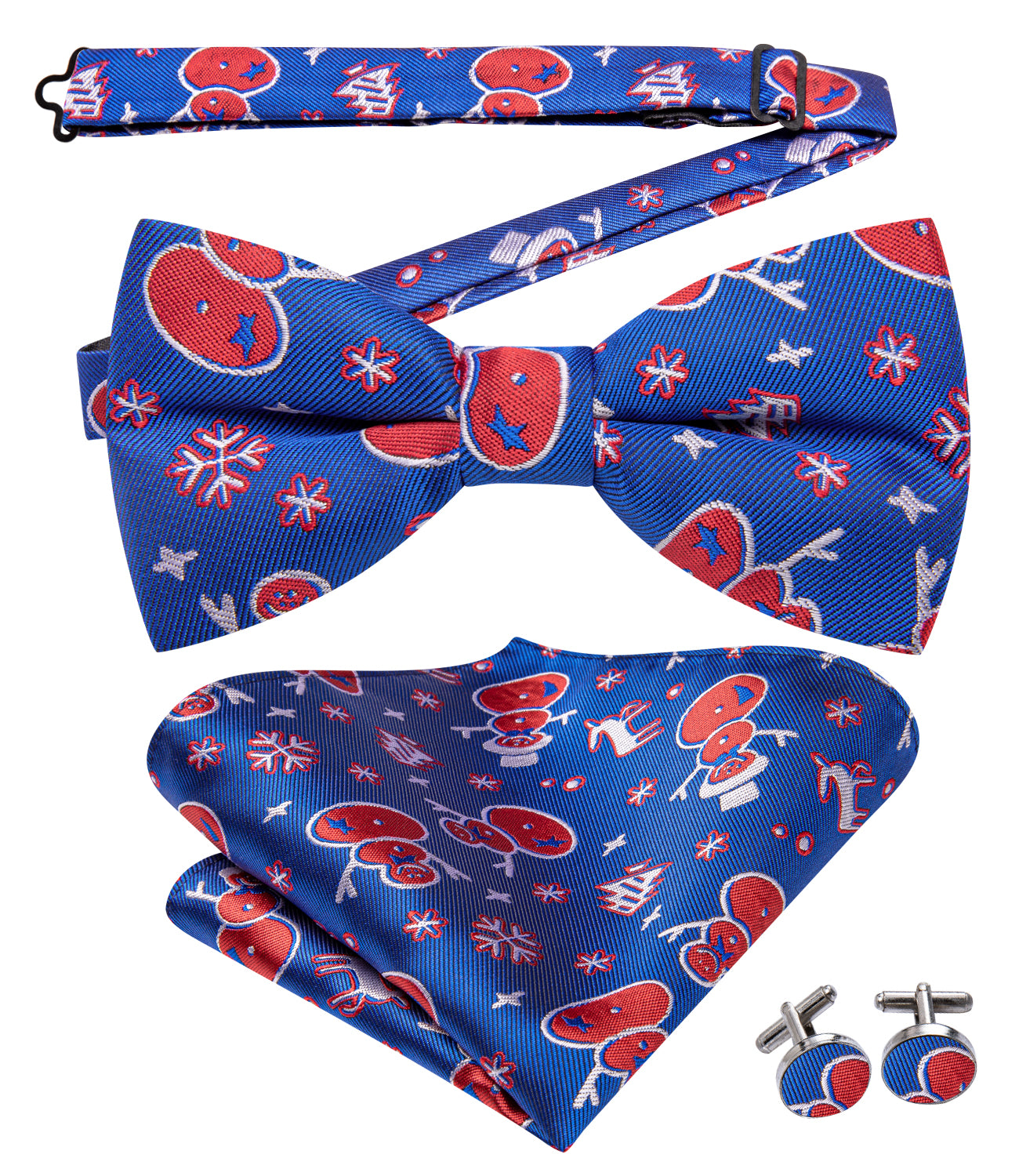 Christmas Blue Red Snowman Pre-tied Bow Tie Hanky Cufflinks Set