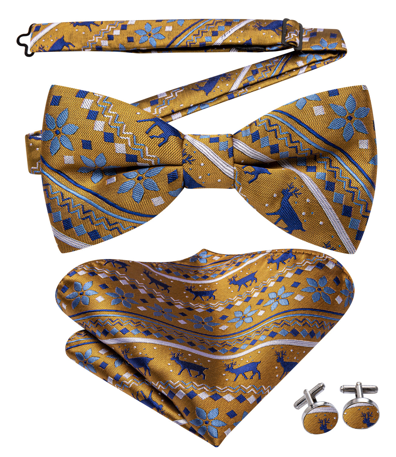 Christmas Gold Yellow Novelty Pre-tied Bow Tie Hanky Cufflinks Set