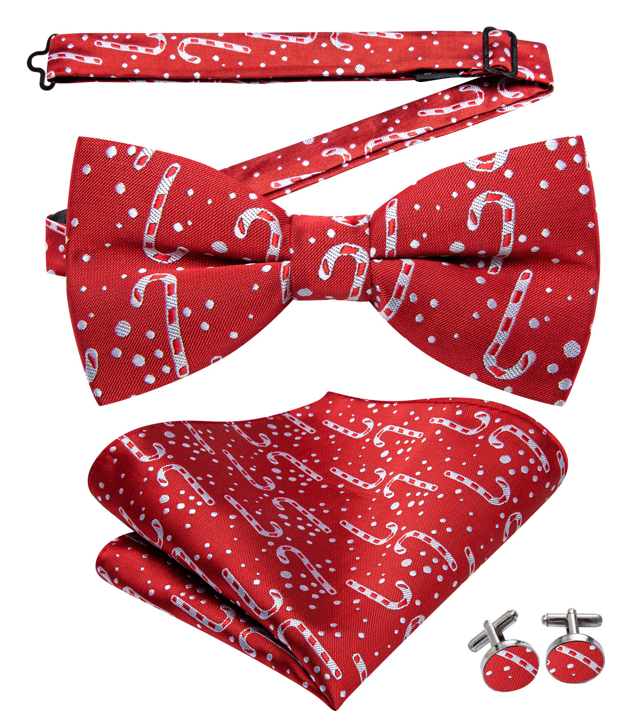 Christmas Red Candy Cane Novelty Pre-tied Bow Tie Hanky Cufflinks Set