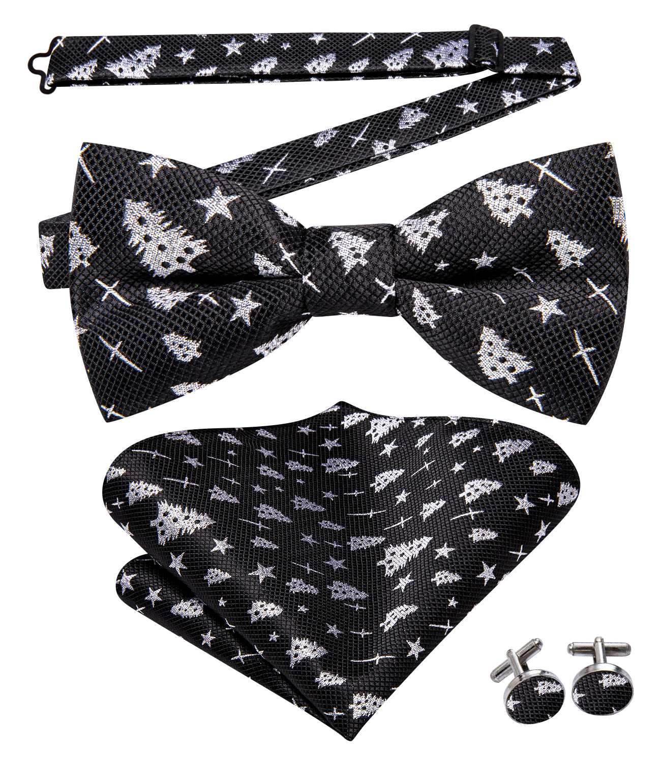 Black White Christmas Tree Novelty Pre-tied Bow Tie Hanky Cufflinks Set