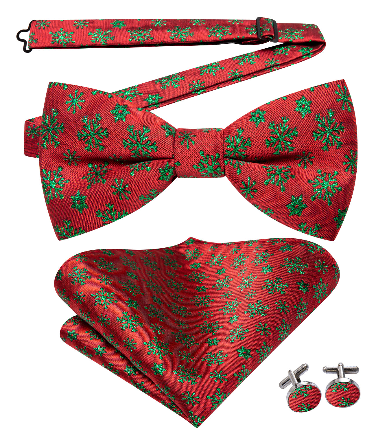 Christmas Red Green Snowflakes Pre-tied Bow Tie Hanky Cufflinks Set