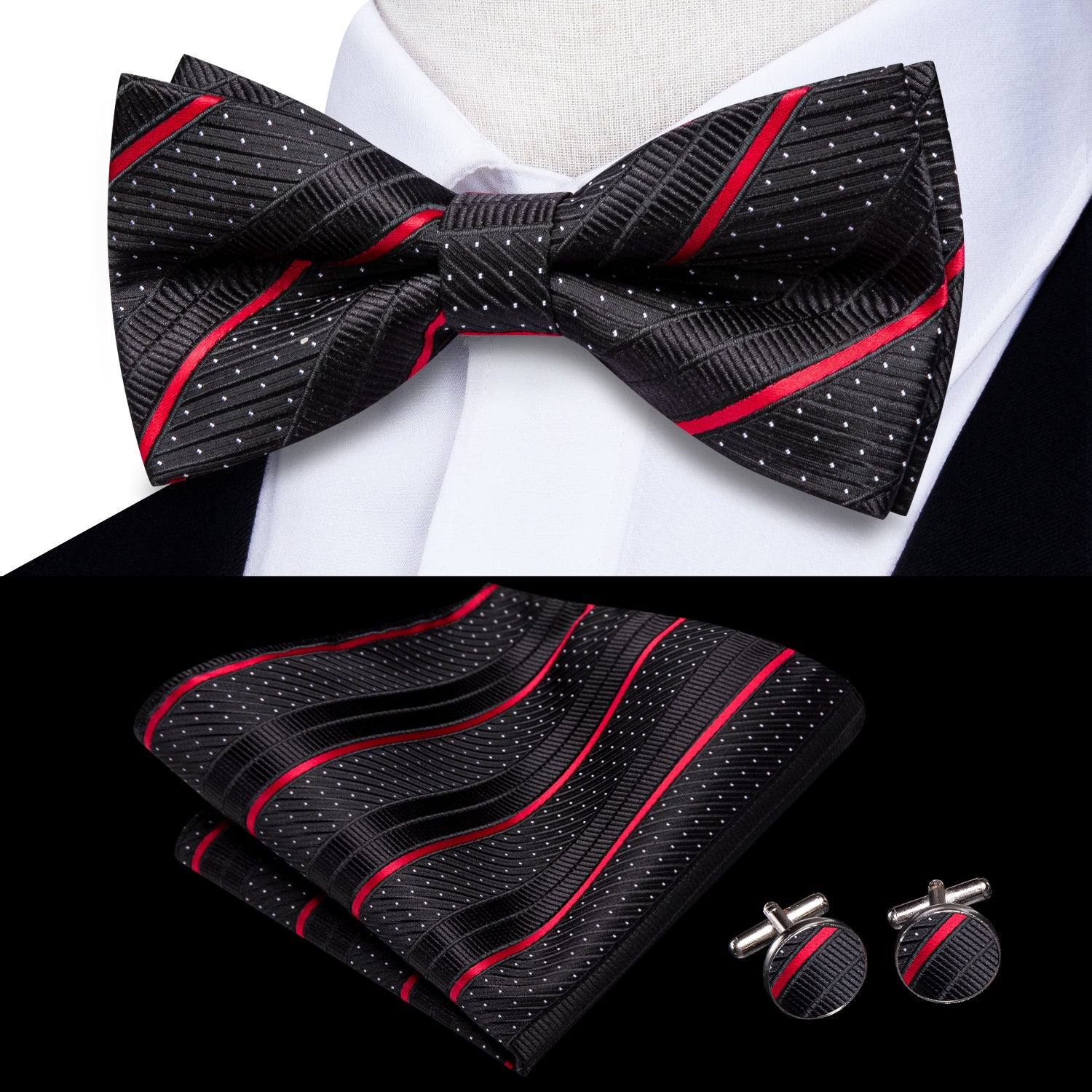 Hi-Tie Black Red Striped Pre-tied Bow Tie Hanky Cufflinks Set