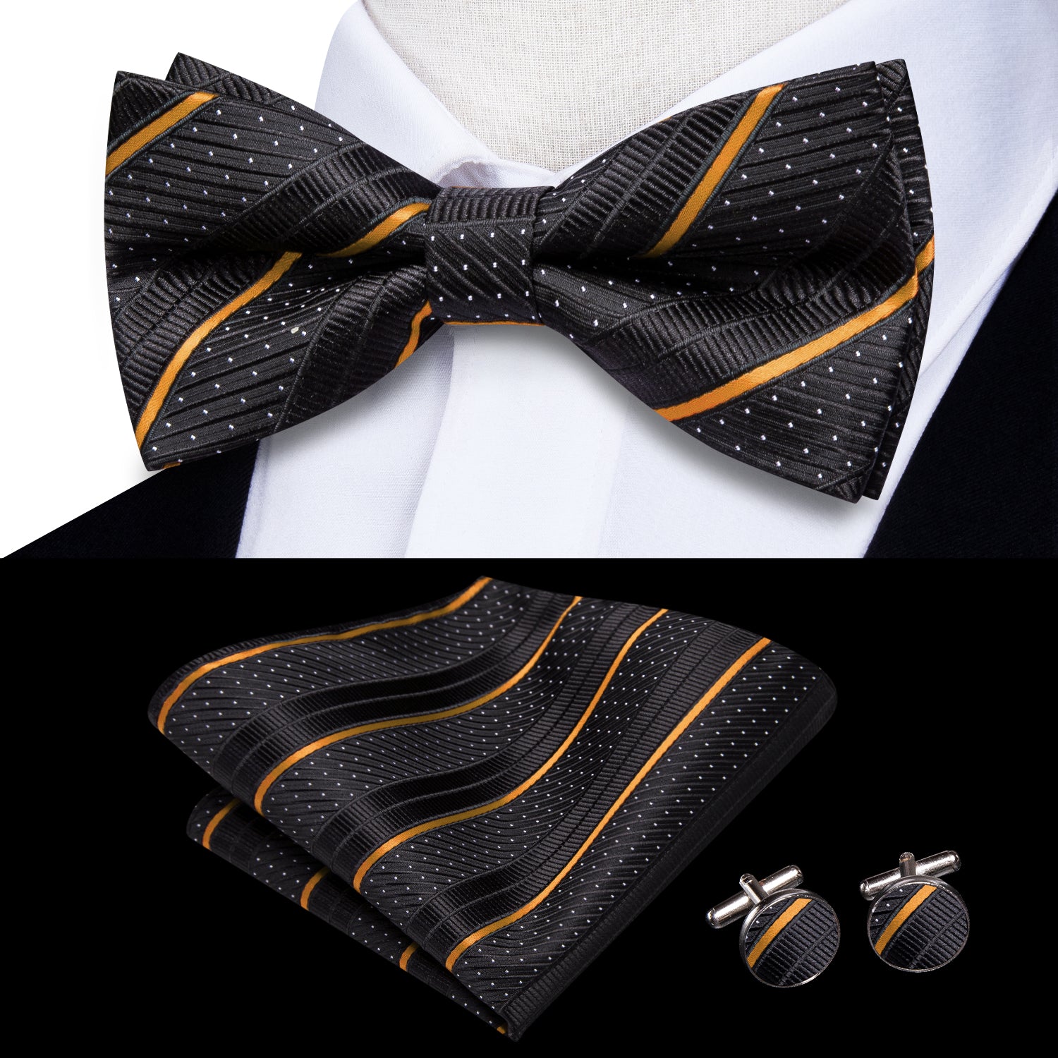 Hi-Tie Black Yellow Striped Pre-tied Bow Tie Hanky Cufflinks Set